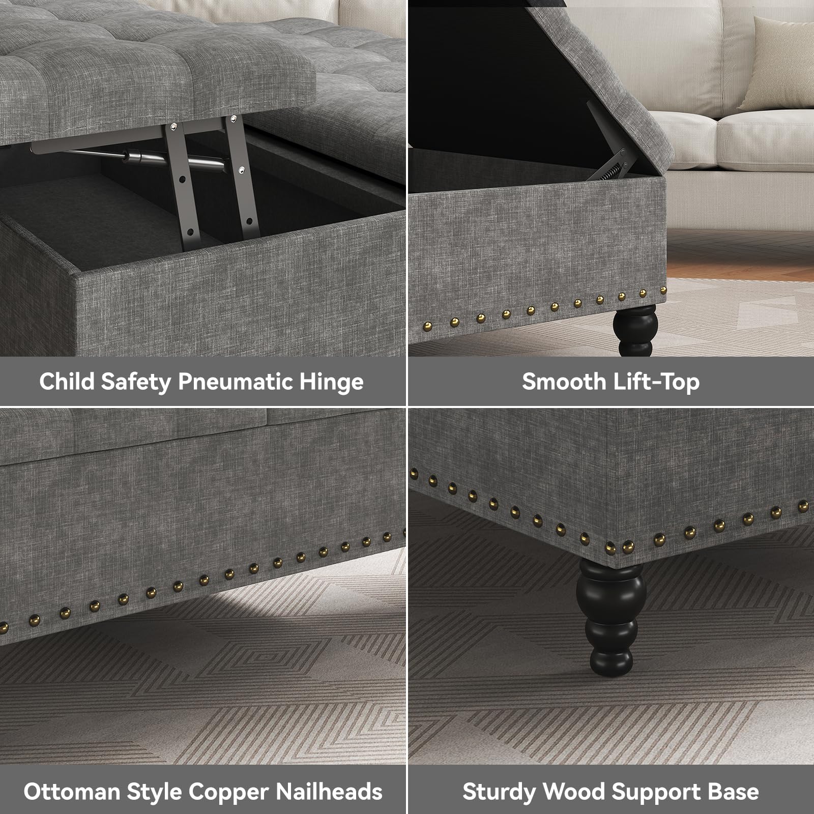 iabifo Large Square Leather Storage Ottoman Bench, Button Tufted Upholstered Coffee Table Ottoman with Solid Wooden Legs (Dark Gray)