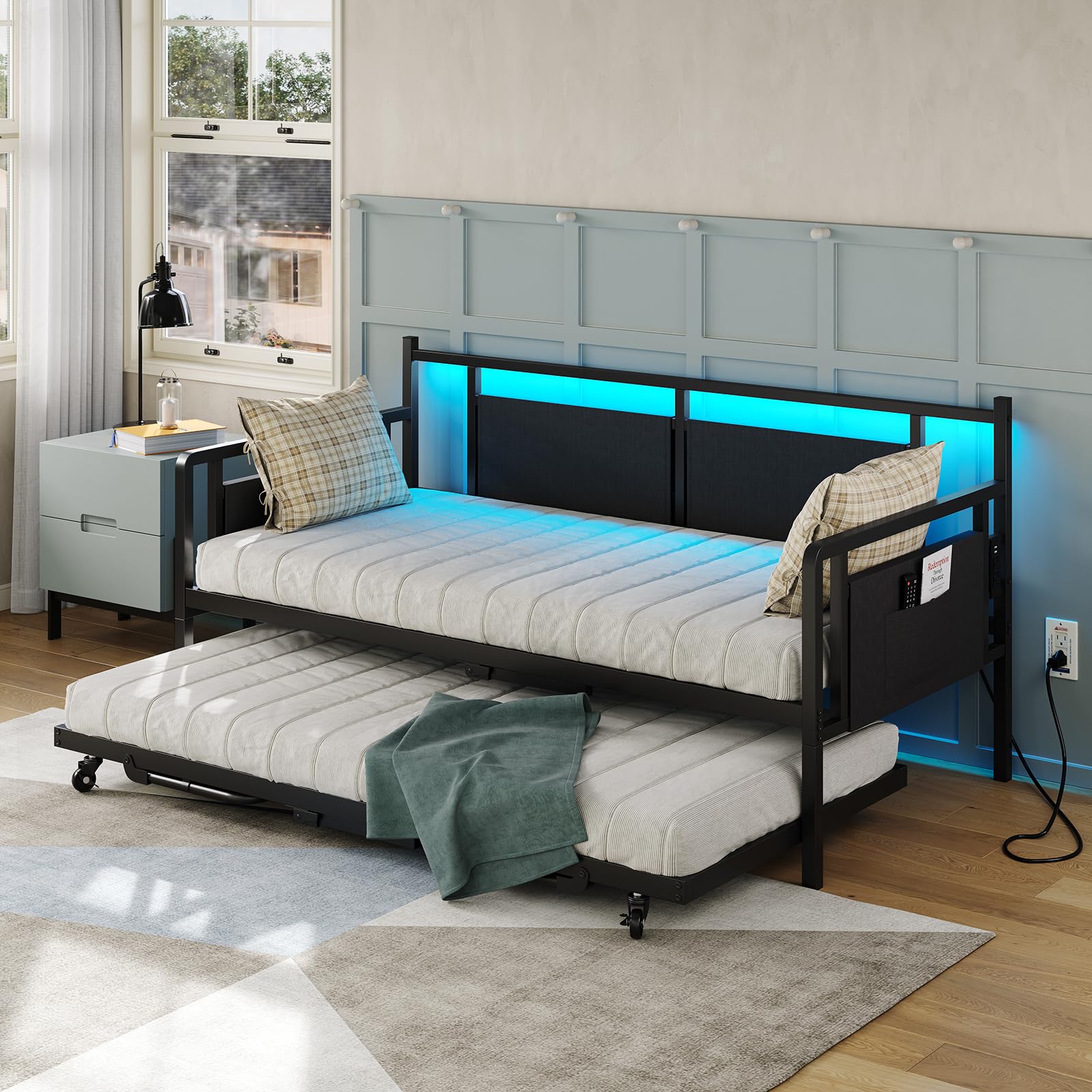 Furniouse Daybed with Charging Station and LED Lights, Twin Daybed with Trundle, Metal Bed Frame with Steel Slat Support for Bedroom, Guest Room, Living Room Black