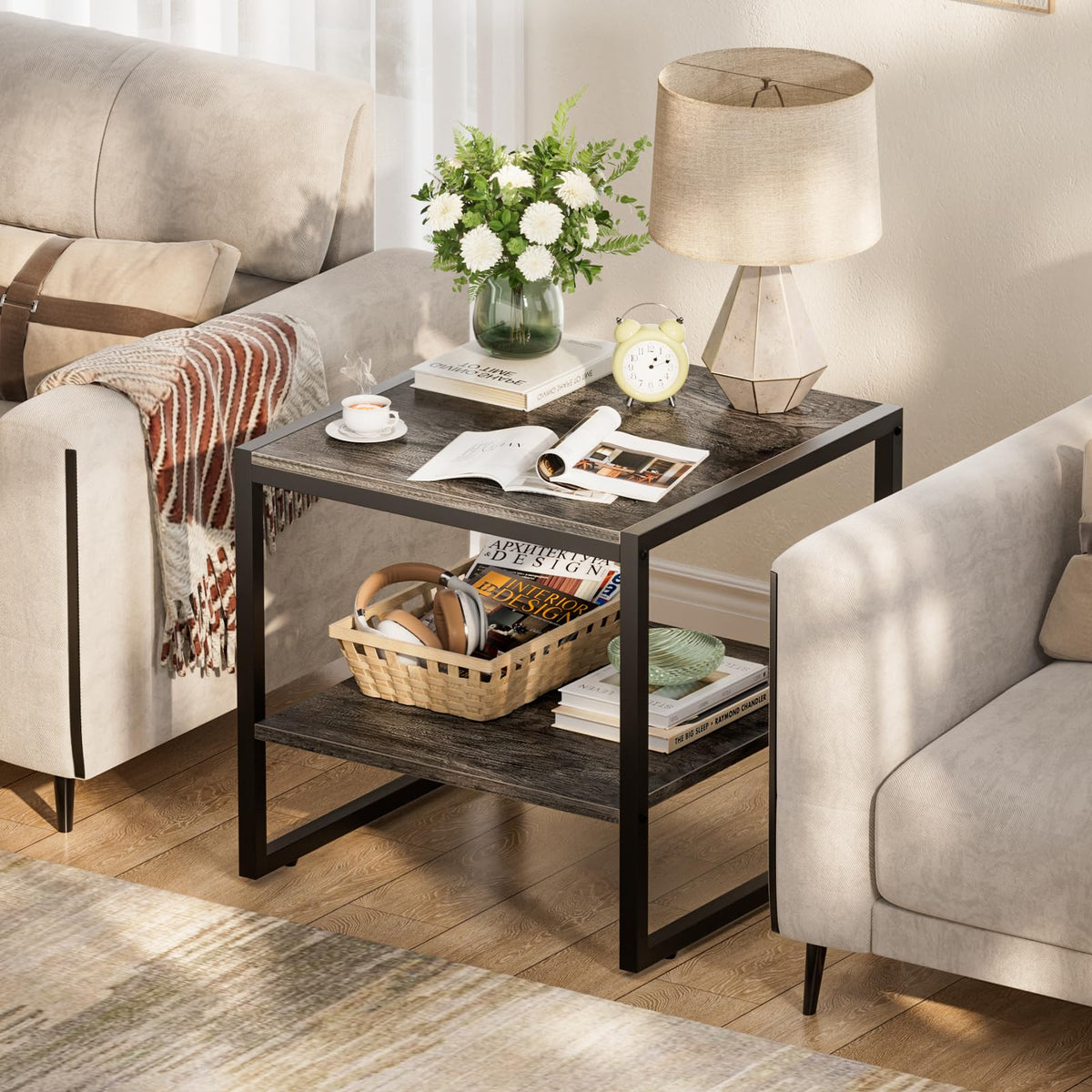 Homieasy End Table, 20 Inch Square Side Table, Mini Fridge Stand, Black Oak