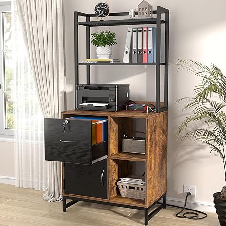Vertical Filing Cabinet with Bookshelf & Charging Station