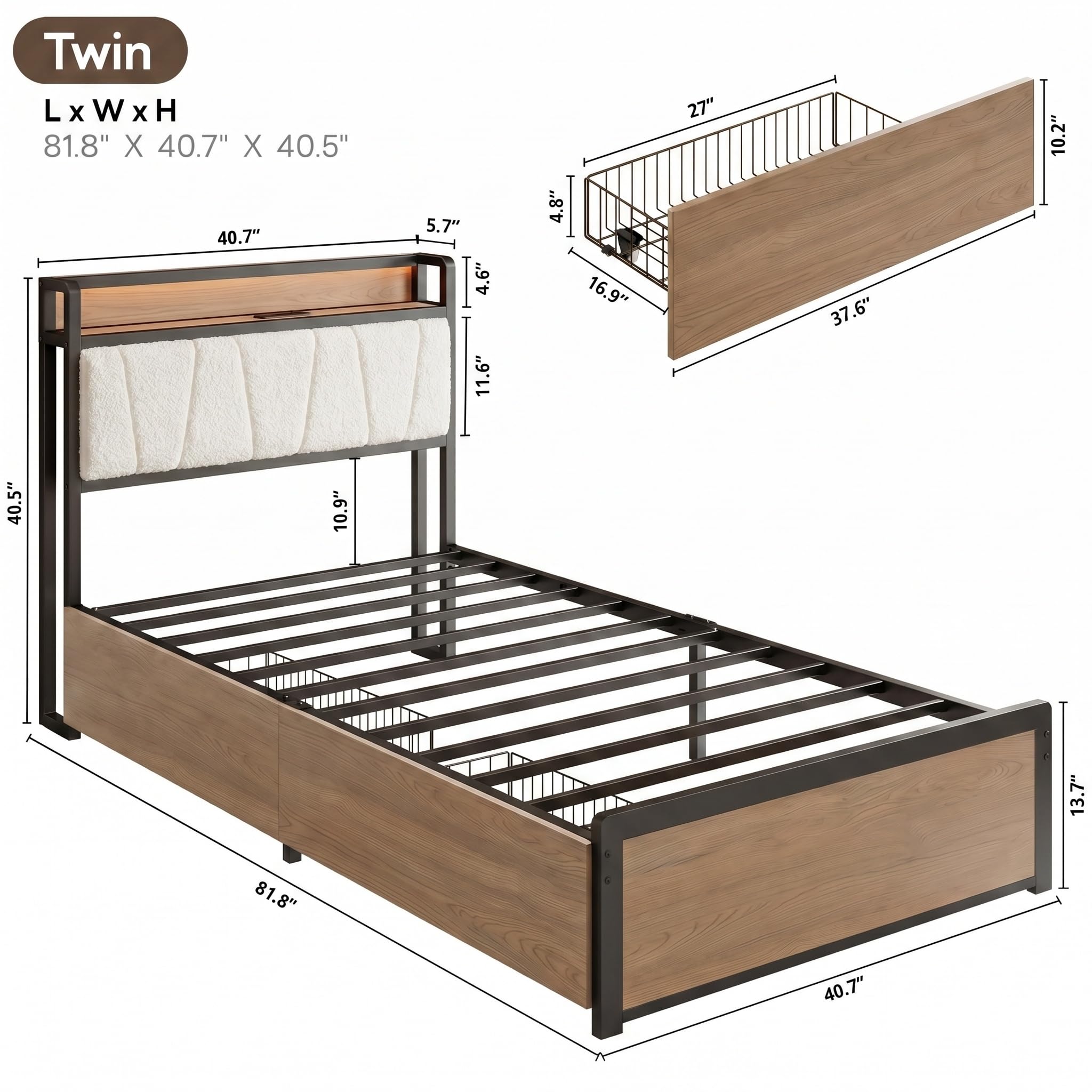 Twin / Twin XL Bed Frame with Storage Drawers, LED Lights & Charging Station