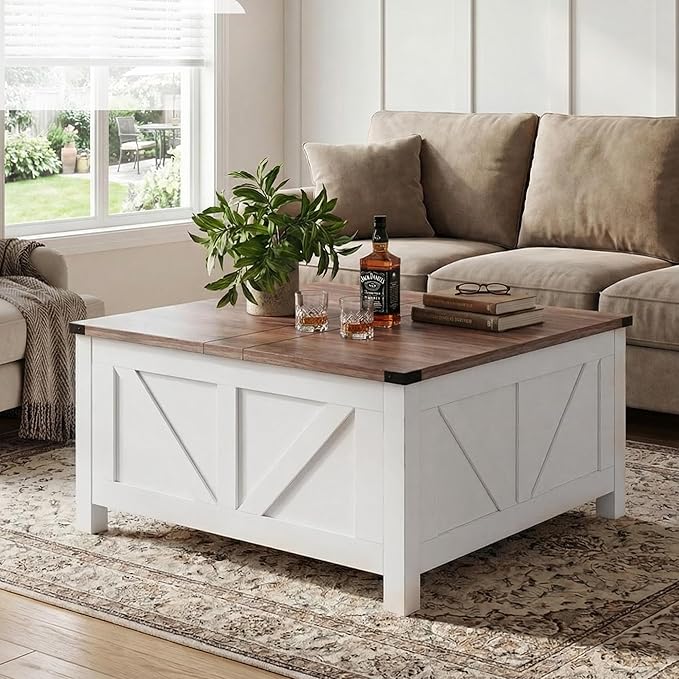 Square Lift-Top Coffee Table with Storage & Charging Station