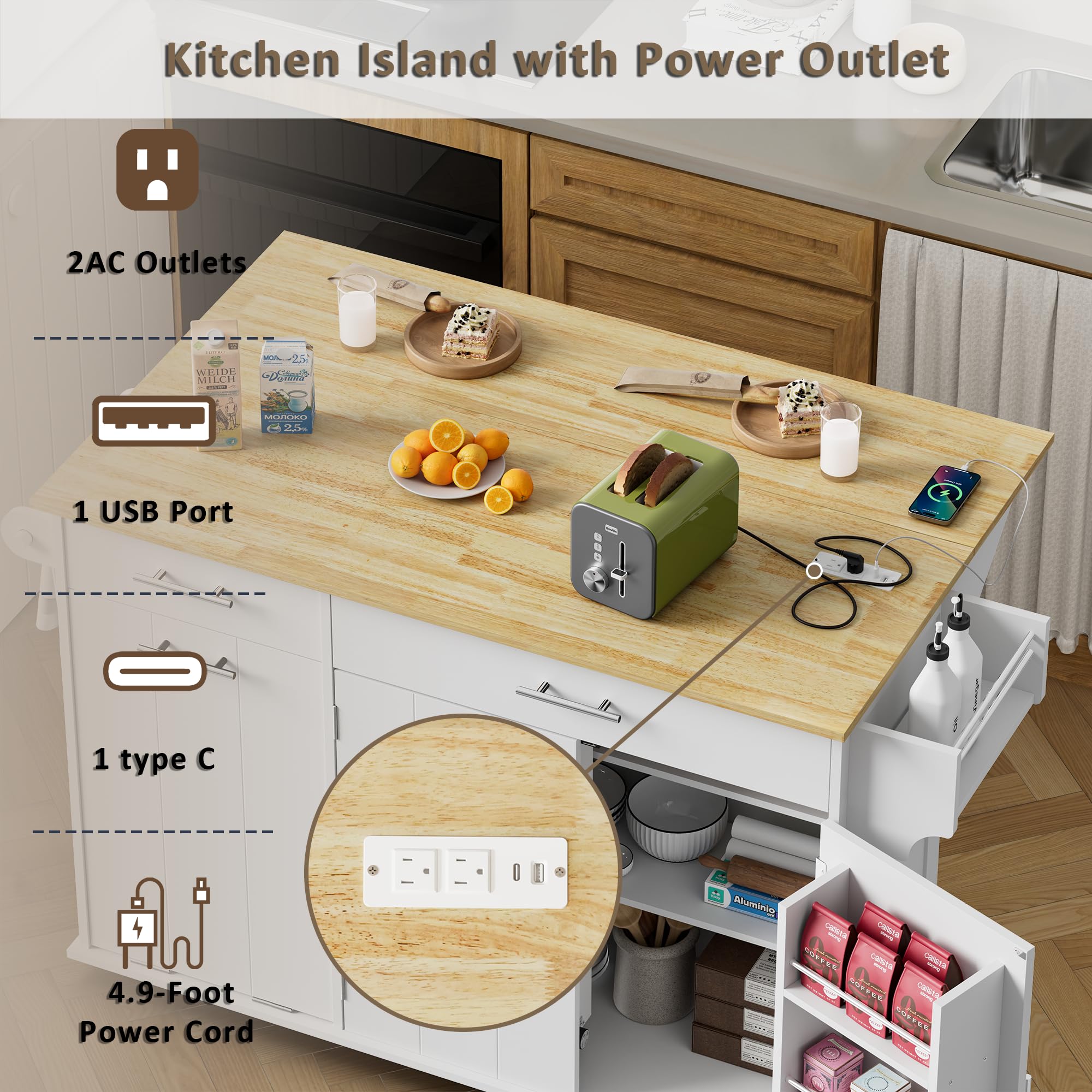 Rolling Kitchen Island with Trash Can & Drop Leaf