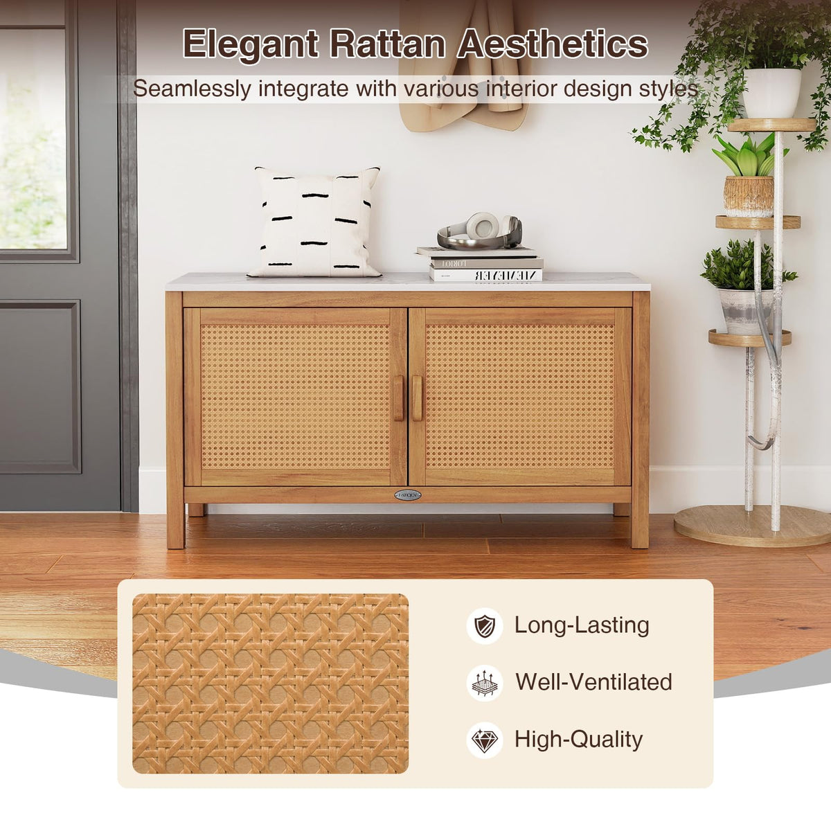 Goplus Outdoor Console Table, Acacia Wood Patio Storage Cabinet with Fax Marble Top, Rattan Doors, Inner Shelves & Hidden Compartment, Outdoor Sideboard for Patio (Rattan Door)