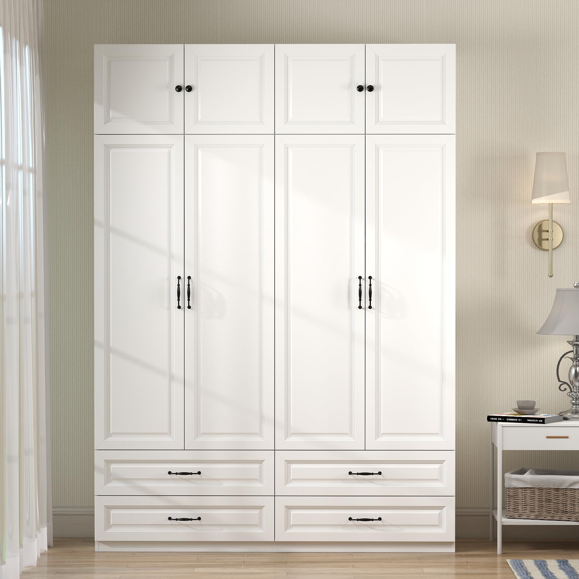 Tall Armoire Wardrobe Closet with 4 Drawers & Top Cabinet