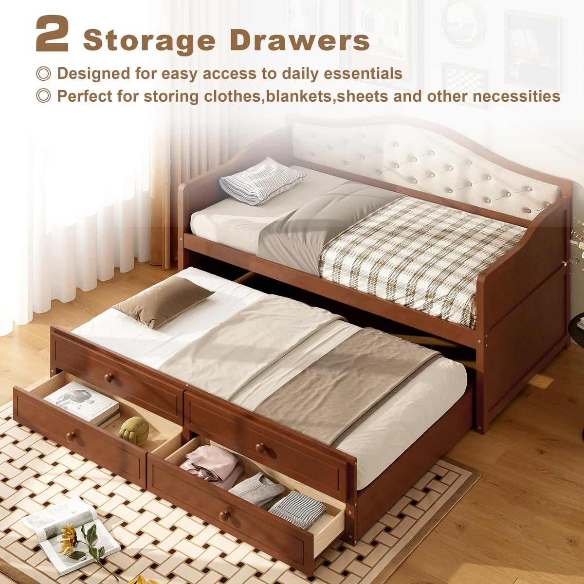 Twin Size Corner Bed Frame with Storage Drawers and Trundle, Walnut