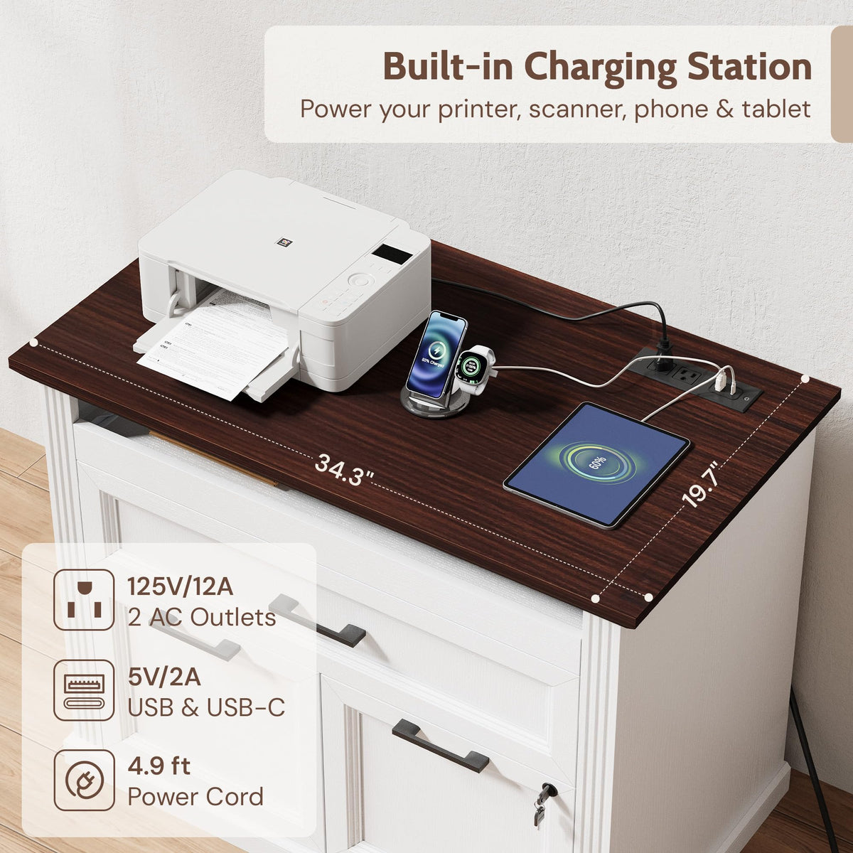3-Drawer File Cabinet with Charging Station