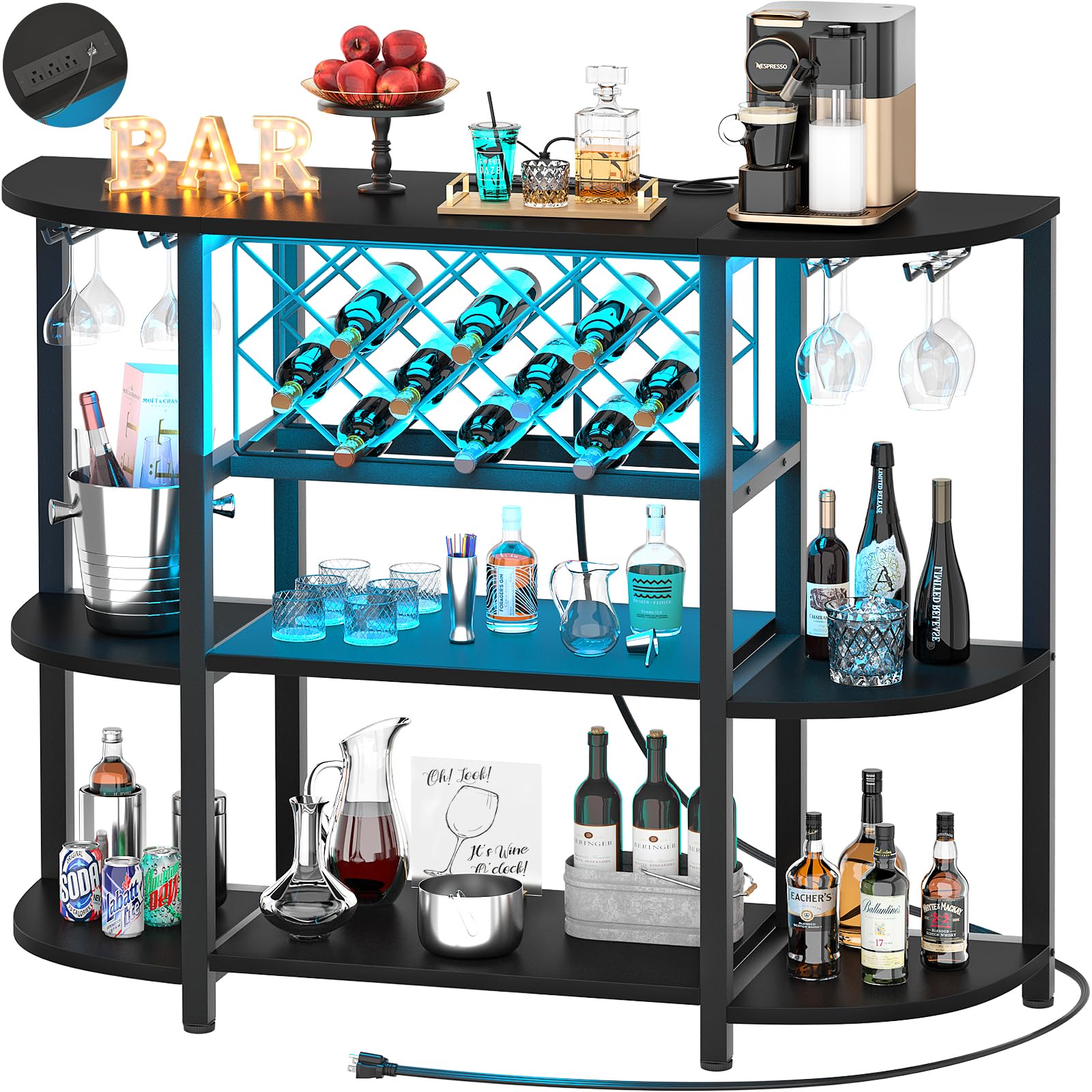 Bar Cabinet with LED Lights & Power Outlets – 4-Tier
