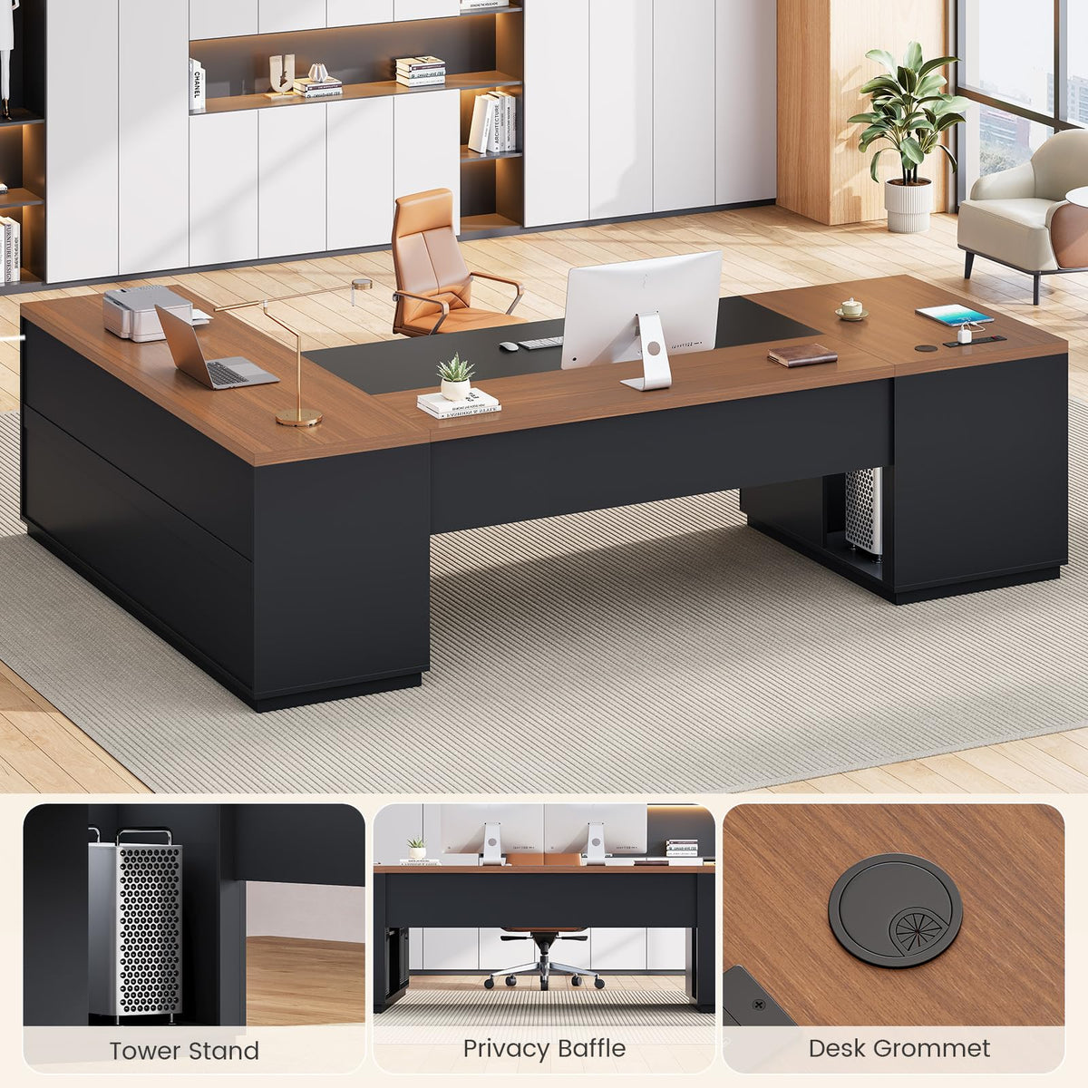 L-Shaped Executive Desk with Charging Station
