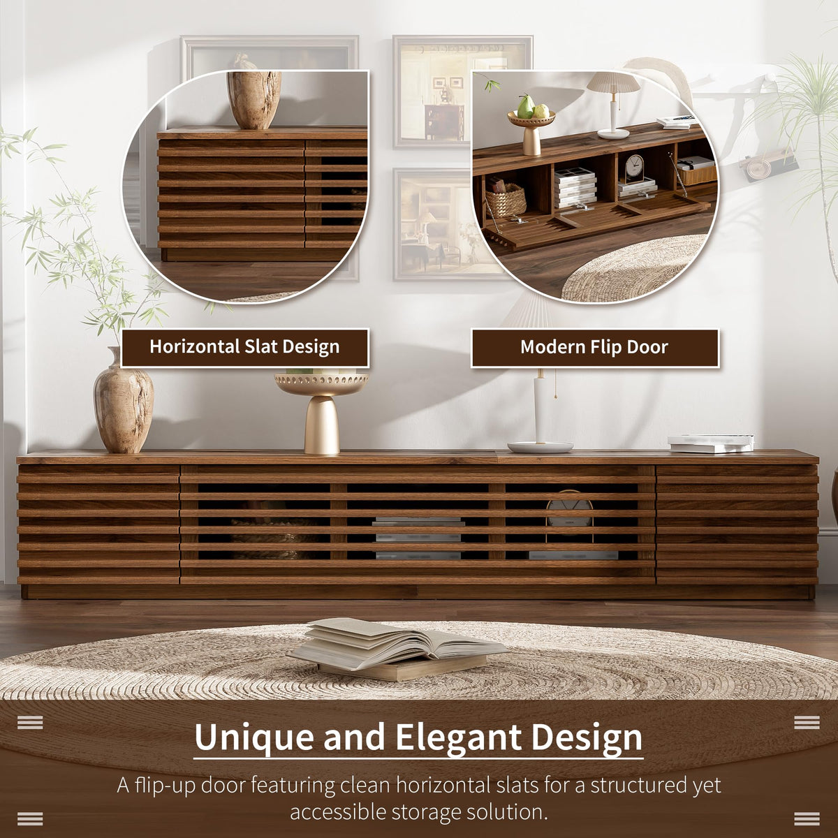 Marzzi 70" Walnut TV Stand with Slatted Doors for TVs Up to 80"