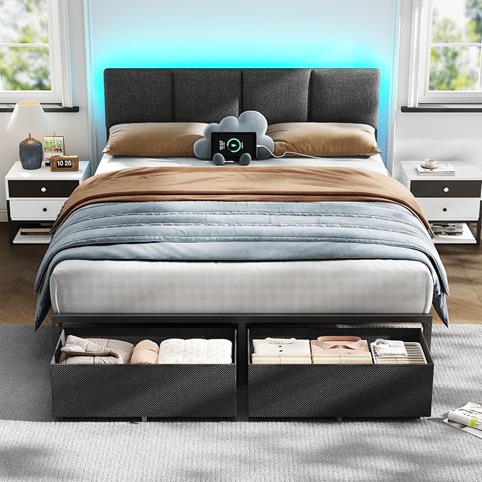 Full Size Bed Frame with LED Lighting & Storage Drawers