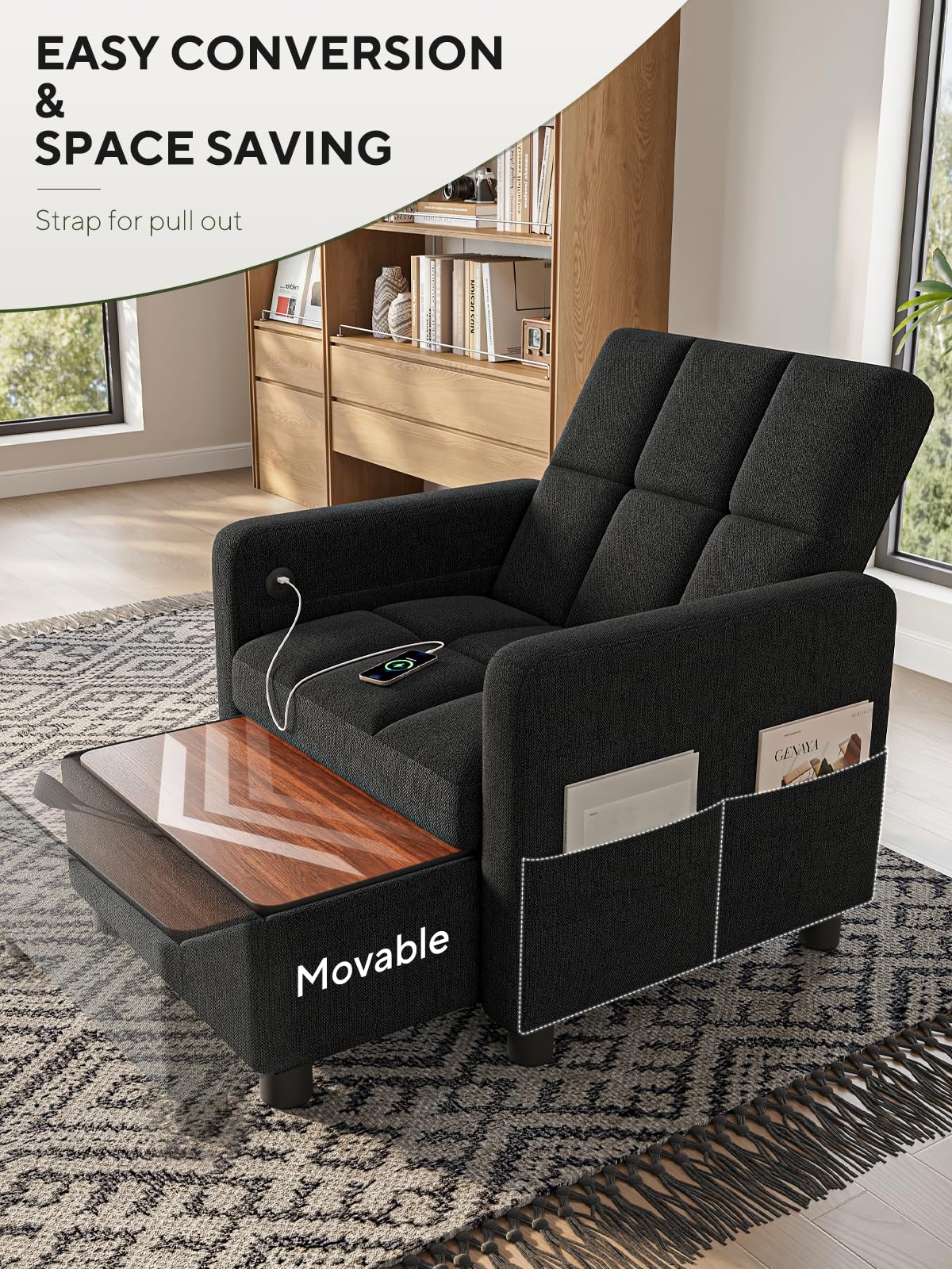 TROMIRY Convertible Sleeper Chair 3 in 1 Pull Out Sofa Bed | Single Sofa Bed with Storage Ottoman and Adjustable Backrest | Reading Chair with Foldable Table & USB Port, Black