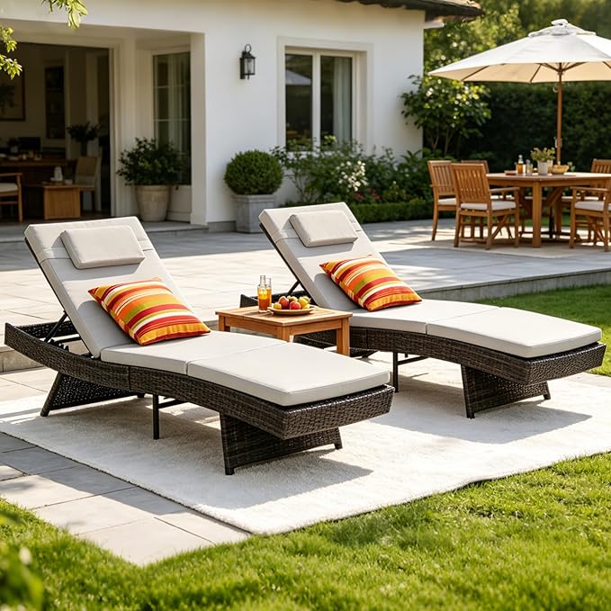 Wicker Patio Chaise Lounge Set with Cushions & Pillows