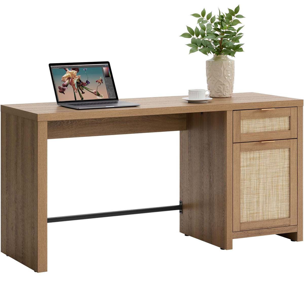 SICOTAS Rattan Computer Desk Wood Desk with Drawer, 59" Home Office Desk