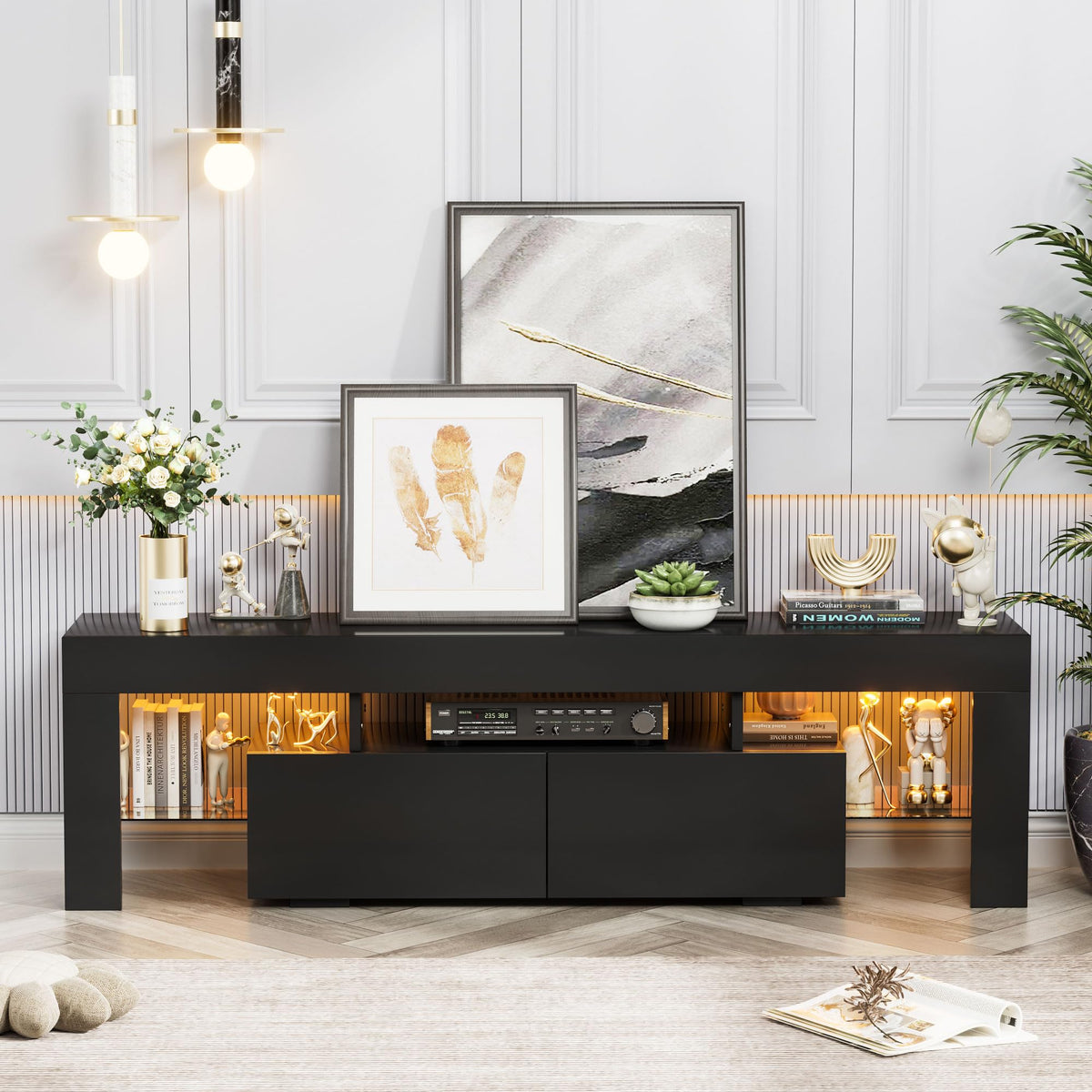 YESHOMY 63 Inch LED TV Stand for 70" TV, Modern Entertainment Center, Black
