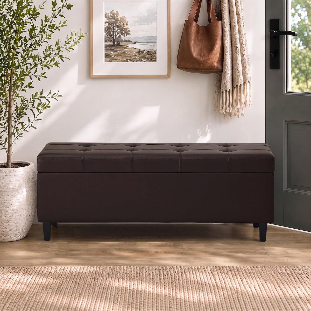 51" Storage Bench, Leather Tufted Storage Ottoman Bench with Wooden Legs