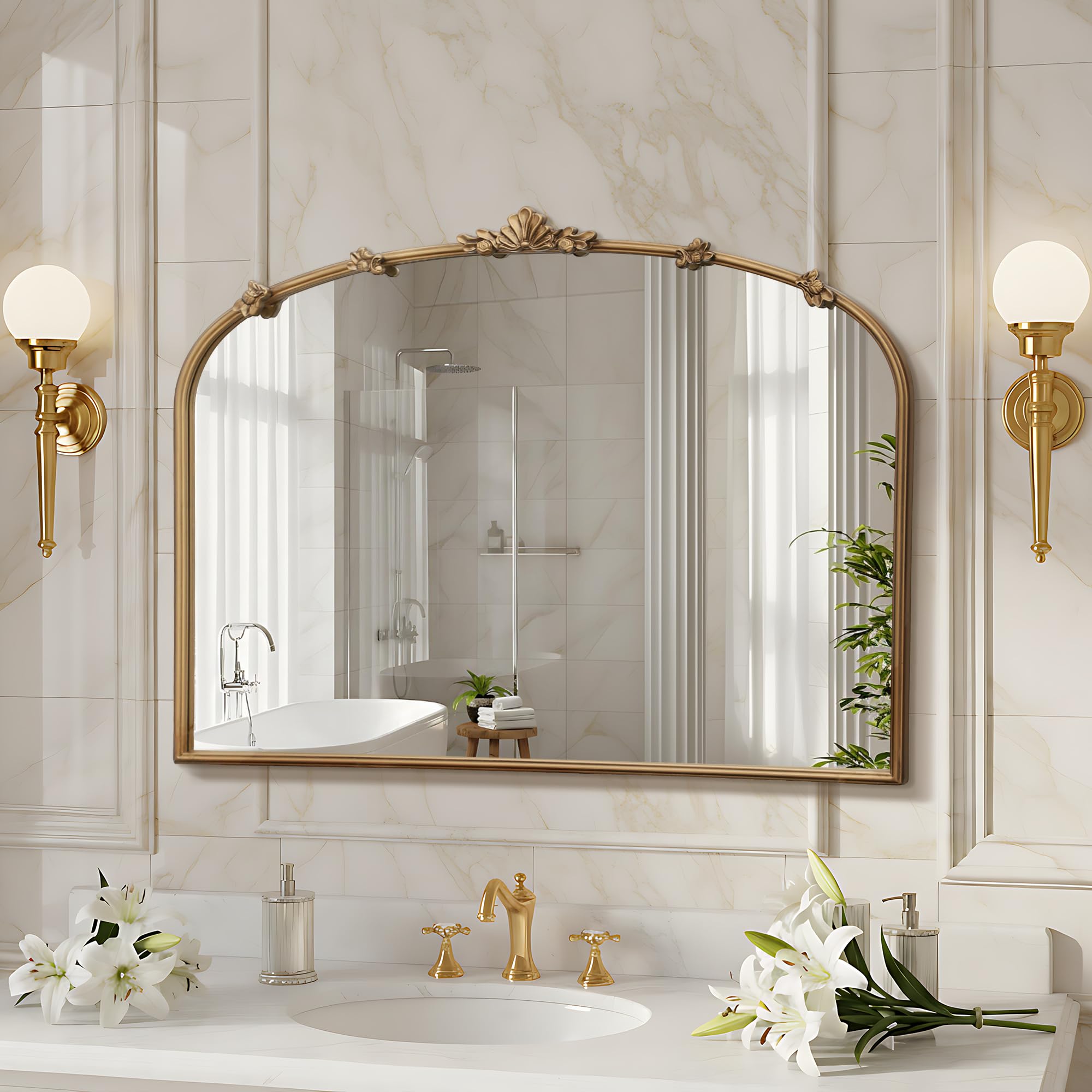 Baroque Arched Wall Mirror – Gold Metal Frame
