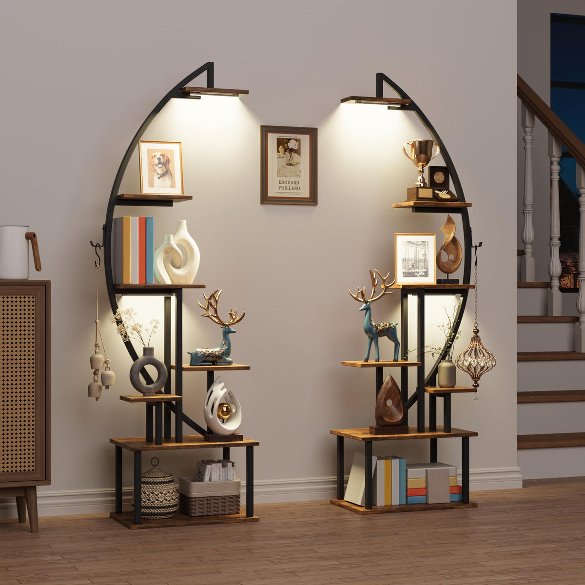 BECOKOME Tall Bookshelf with Lights, 2 Pack Ladder Bookcase, 7 Tier Arched Home Office Storage Book Collectibles Shelves, 64" Modern Corner Display Shelf for Bedroom Living Room Balcony, Rustic Brown