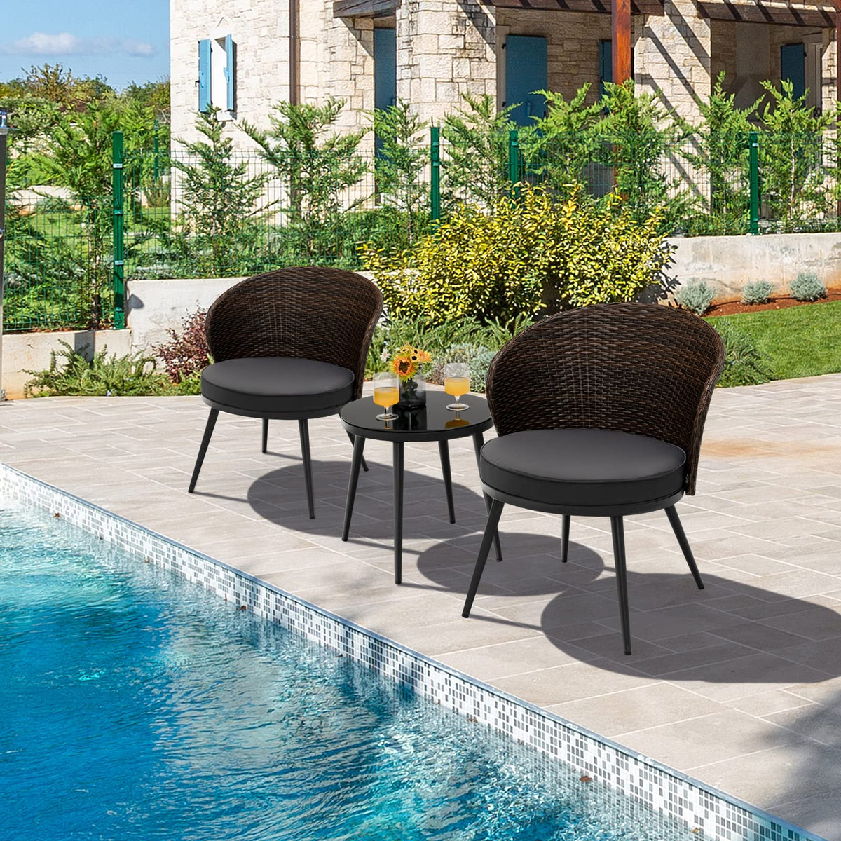 Tangkula 3 Piece Patio Rattan Bistro Set, Outdoor Wicker Conversation Set W/ 2 Seat Cushions, Tempered Glass Tabletop, Adjustable Footpads, Suitable for Indoor, Backyard, Poolside (Gray)