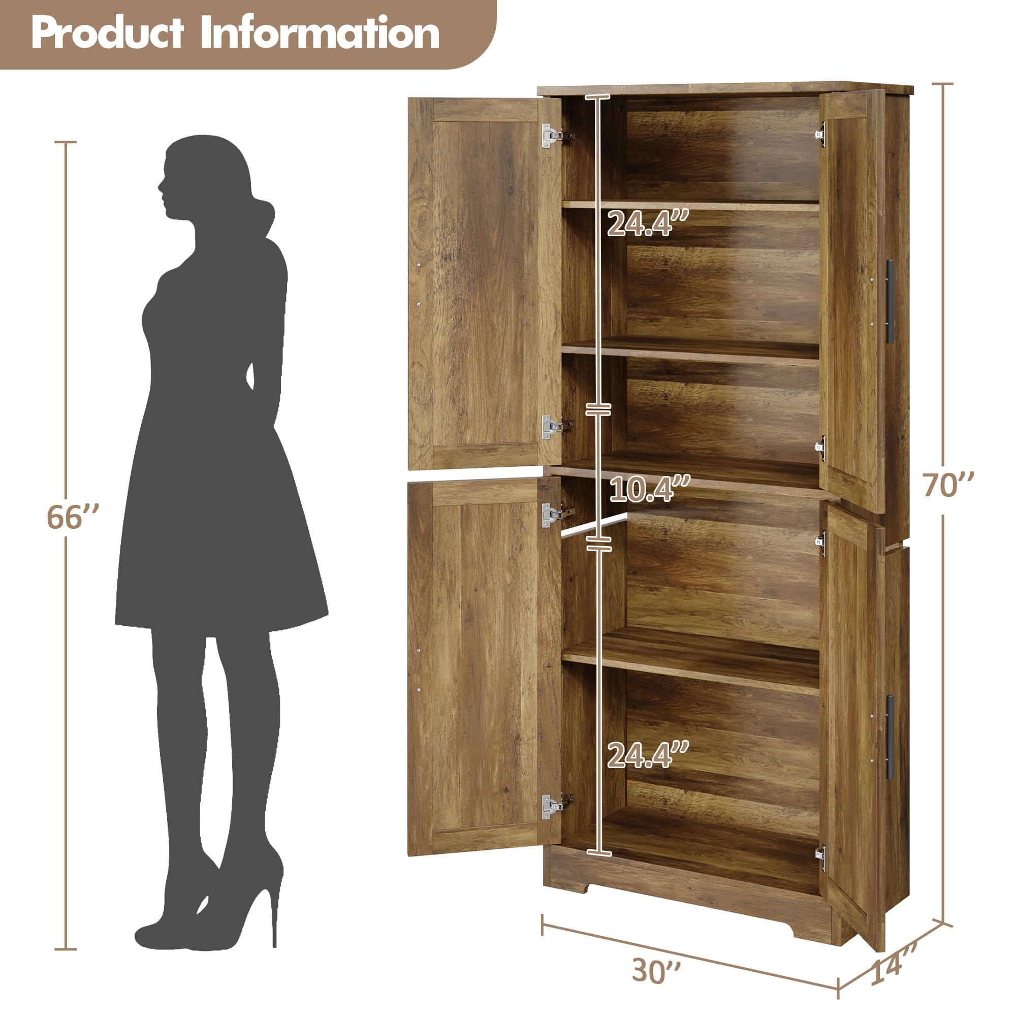 Garvee Modern Tall Pantry Cabinet – Freestanding Kitchen Storage Cupboard with 4 Doors & 3 Adjustable Shelves – Versatile for Living Room, Dining Room, Bathroom, Laundry, Utility – Barnwood Finish