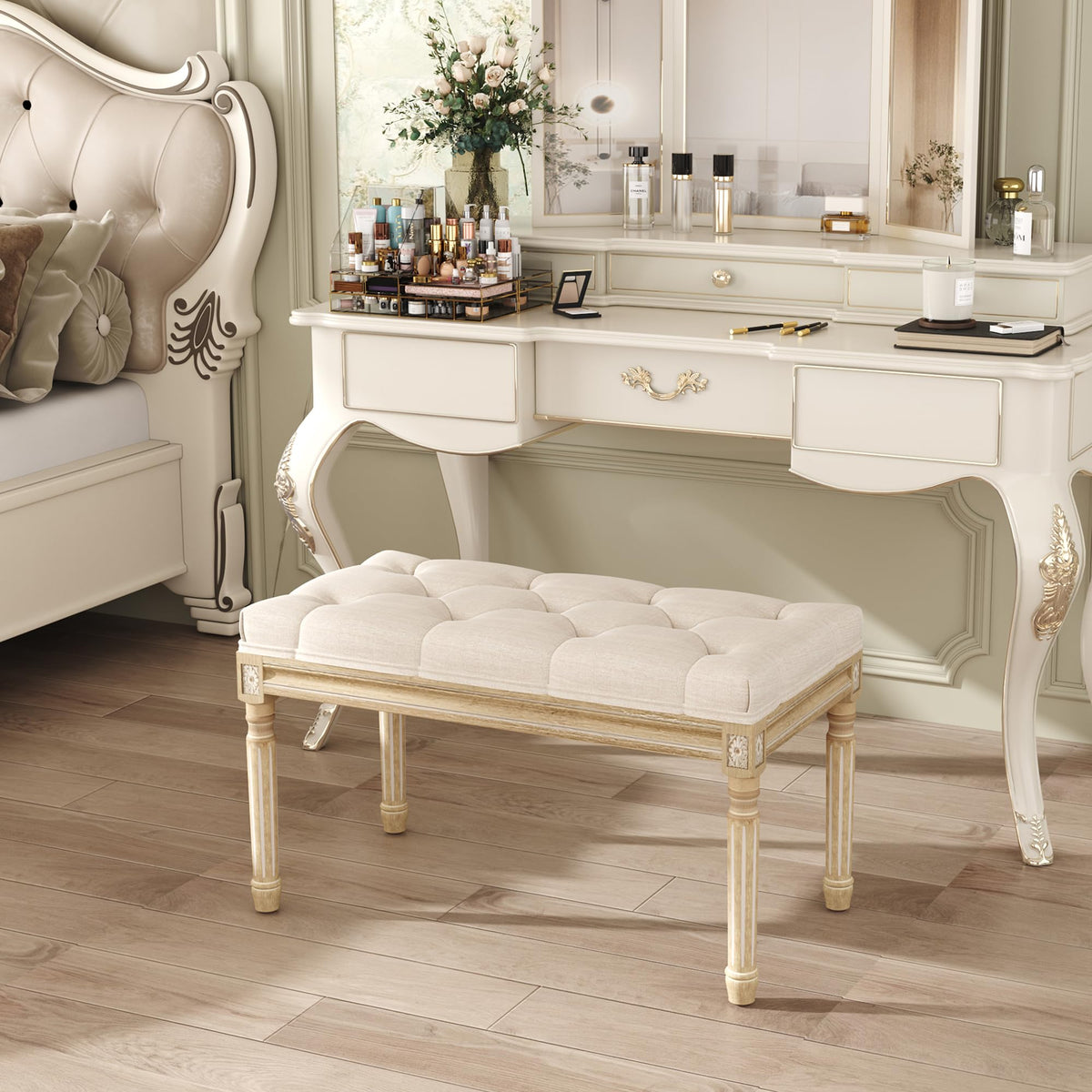 Beige Tufted Upholstered Bench