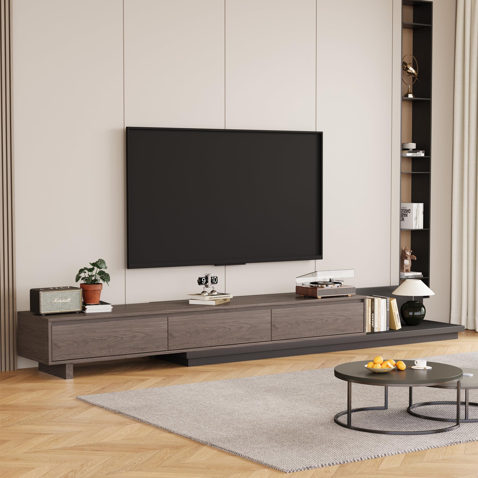 gaoyangjiaju Mid-Century Modern Extendable TV Cabinet with 3 Drawers,Entertainment Center Adjustable from 78.7" to 130",TV Stand for Living Room,Black Walnut