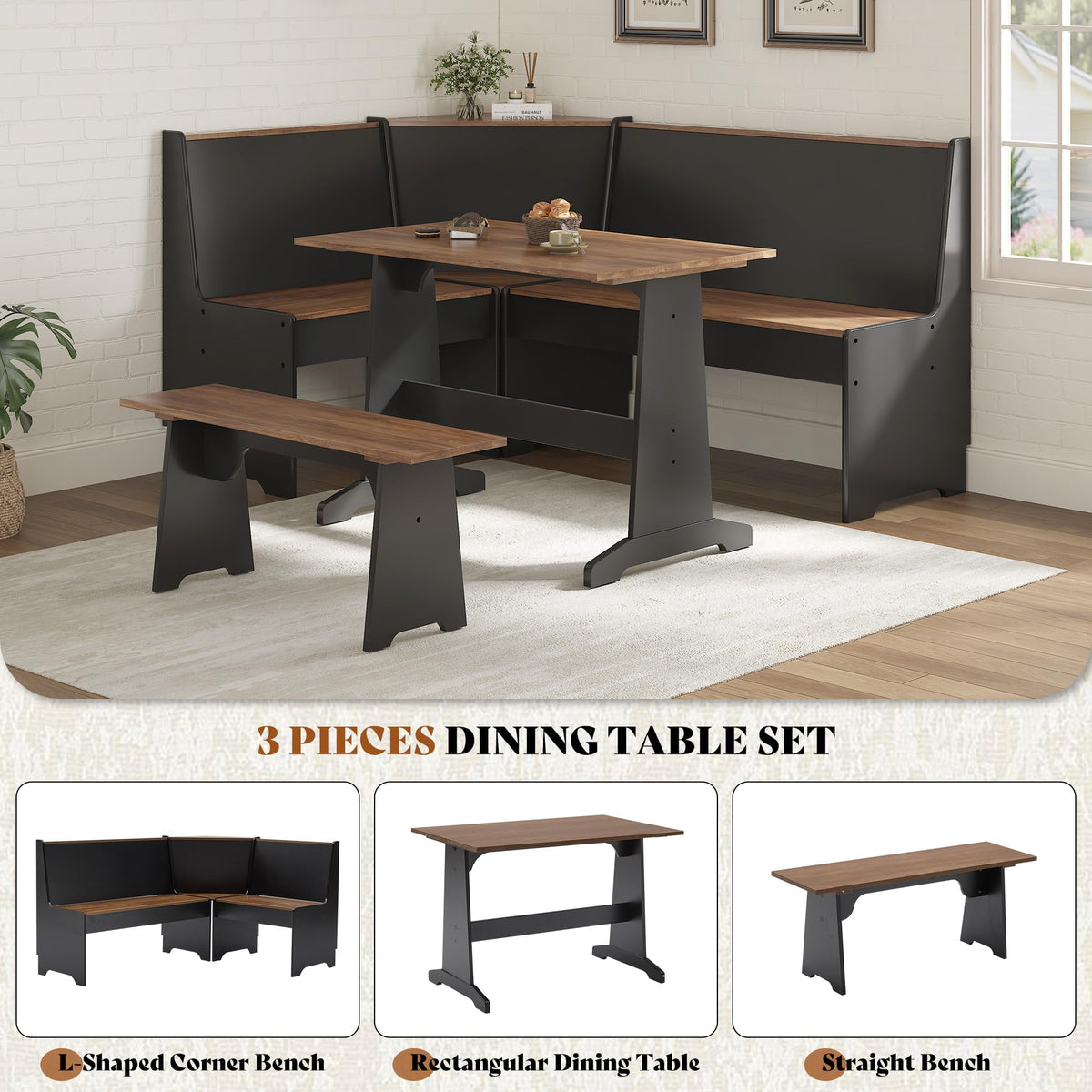 3-Piece Corner Dining Set with Storage