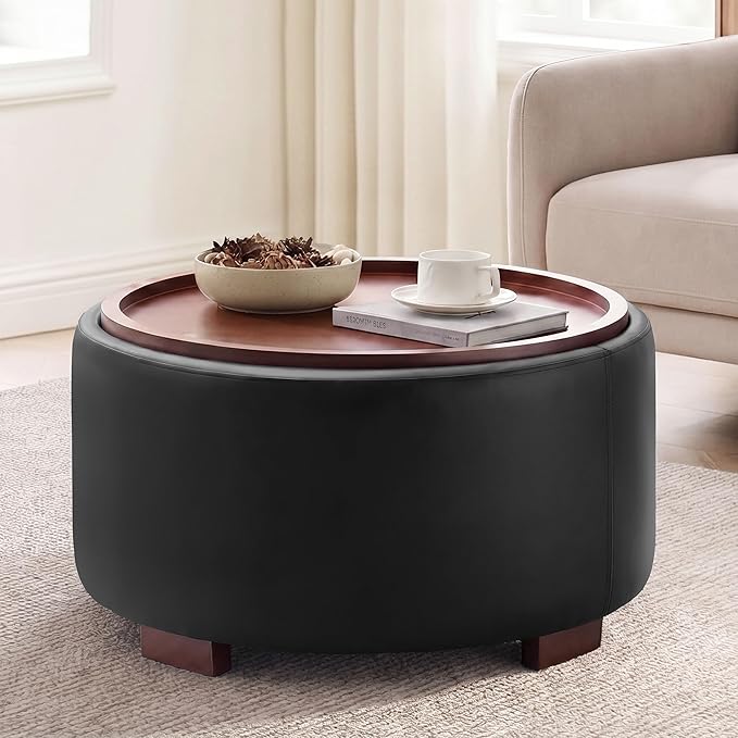 Round Storage Ottoman with Flip-Top Tray Lid & Wood Legs