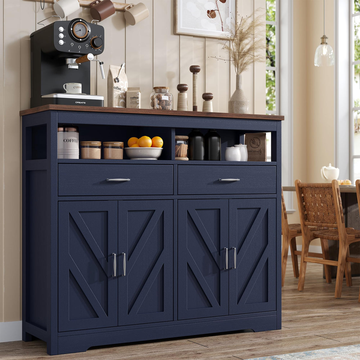 knoworld Sideboard Buffet Cabinet with Storage & Shelves, Farmhouse Kitchen Storage Cabinet Wood Coffee Bar Sideboard Cabinet with 4 Doors for Kitchen, Living Room, Entryway, 47" W Blue