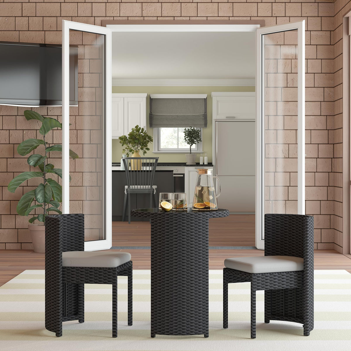 Vmopu 3-Piece Rattan Bistro Set, Foldable Outdoor Dining Set with Cushions