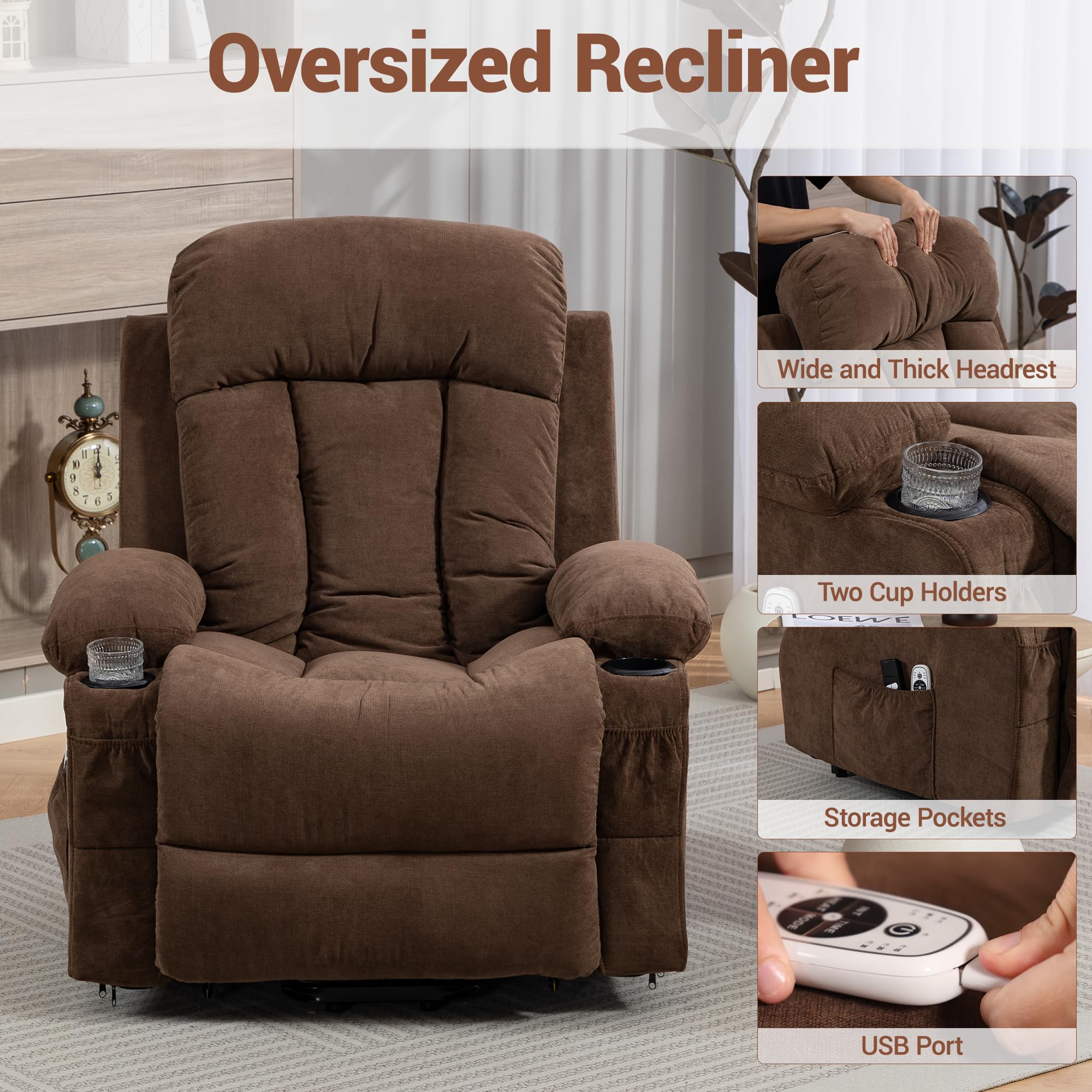 WENTUM Power Lift Recliner Chair for Elderly, Electric Lift Chair with 8 Vibration Massage and Heat, Soft Breathable Fabric, Cup Holders, Side Pockets, USB Charge Port for Living Room Bedroom, Brown
