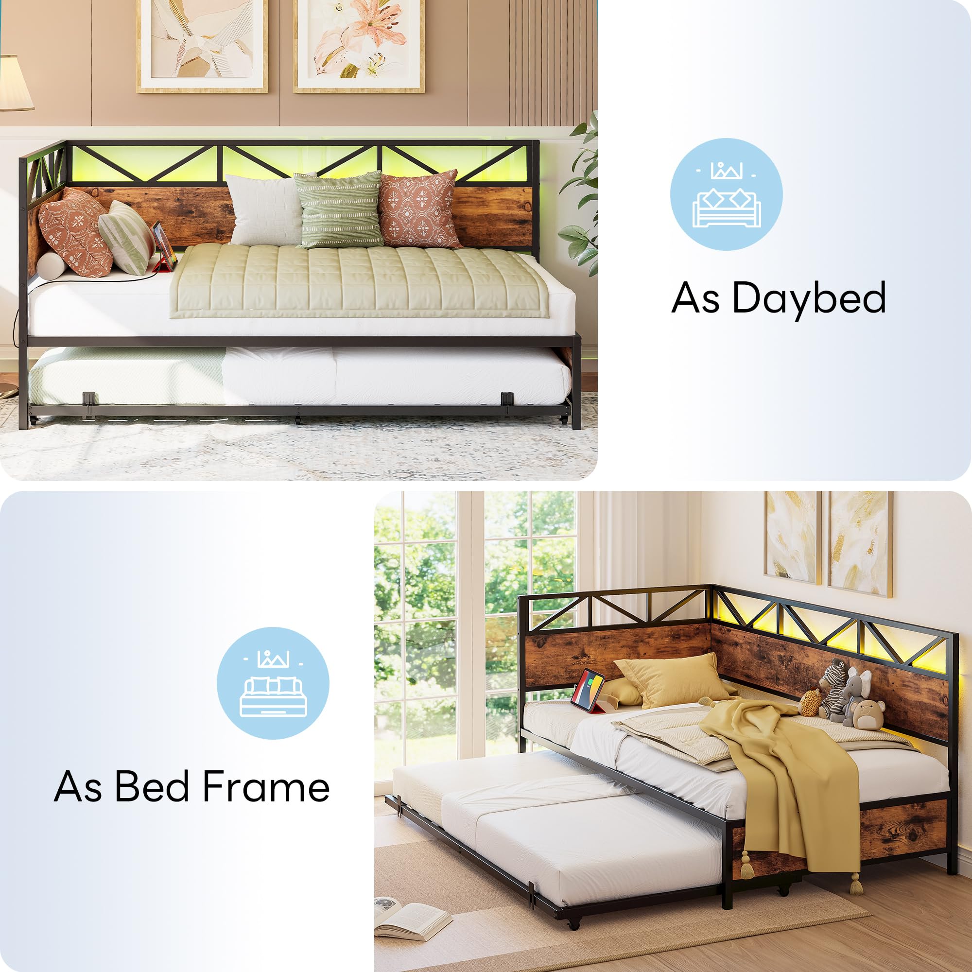 LIKIMIO Twin Daybed with Trundle, Metal Twin Size Bed Frame with LED Lights & Charging Station, Sofa Day Bed with Strong Supports for Living Room, Bedroom and Guest Room, Industrial Brown
