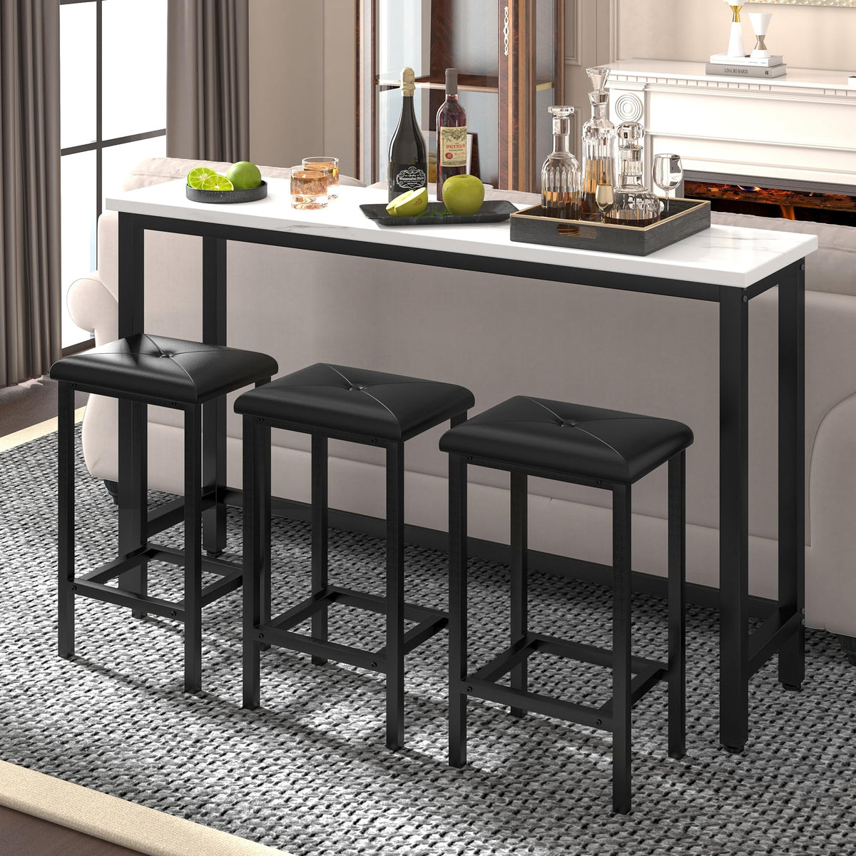 Faux Marble Bar Table Set with 3 Stools