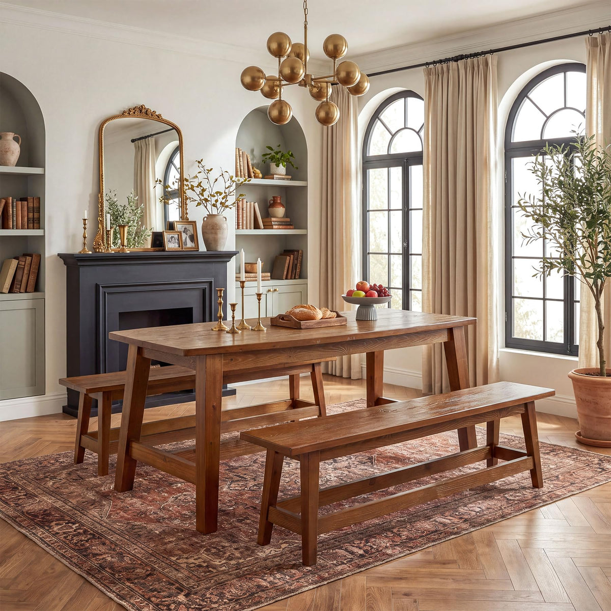 Tribesigns 55-Inch Farmhouse Solid Wood Dining Table Set with 2 Benches