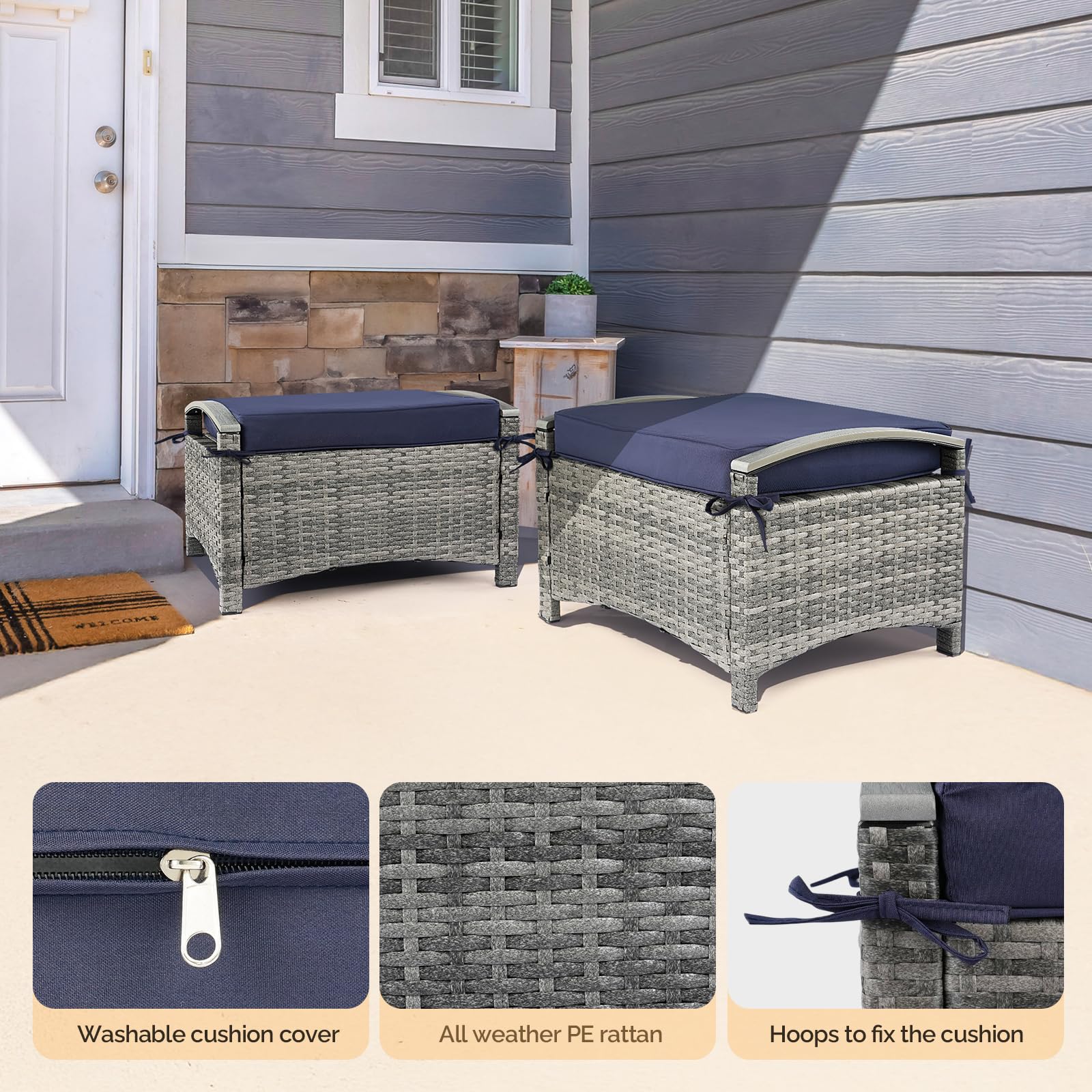 Wicker Outdoor Ottoman with Removable Cushion – PE Rattan, 400 lb Capacity