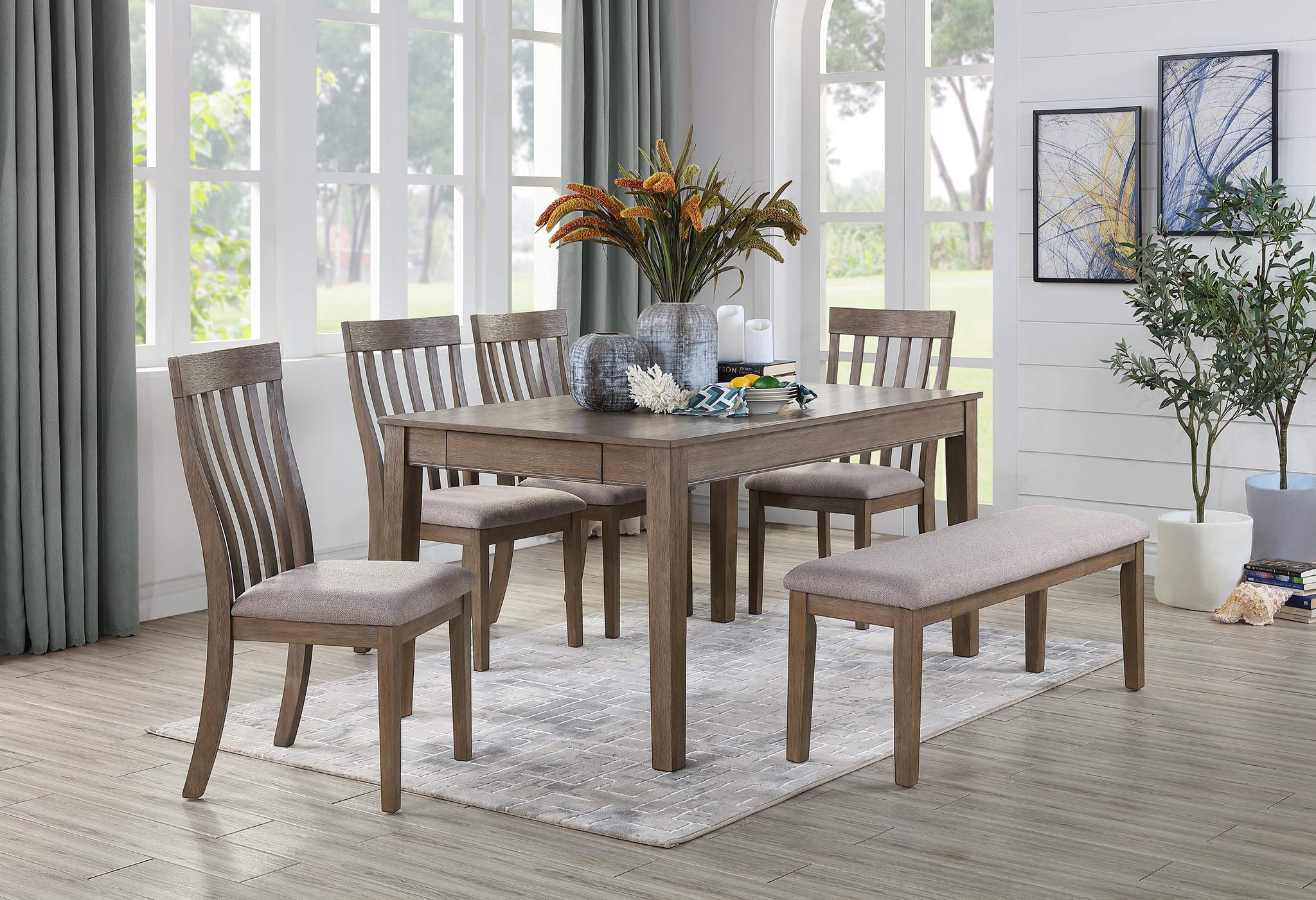 Homelegance Blair Upholstered Dining Bench, 48" W Entryway Bench, Sturdy Solid Wood Frame, Wire Brush Brown Finish, Comfortable Cushion Seat, Easy Assembly, Modern & Traditional, Gray/Brown