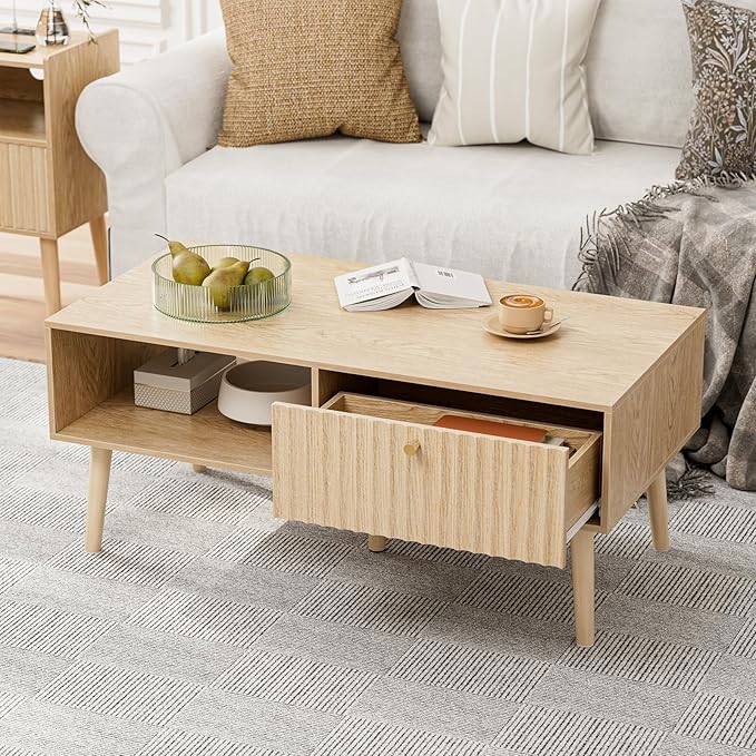 Mid-Century Fluted Coffee Table with Storage