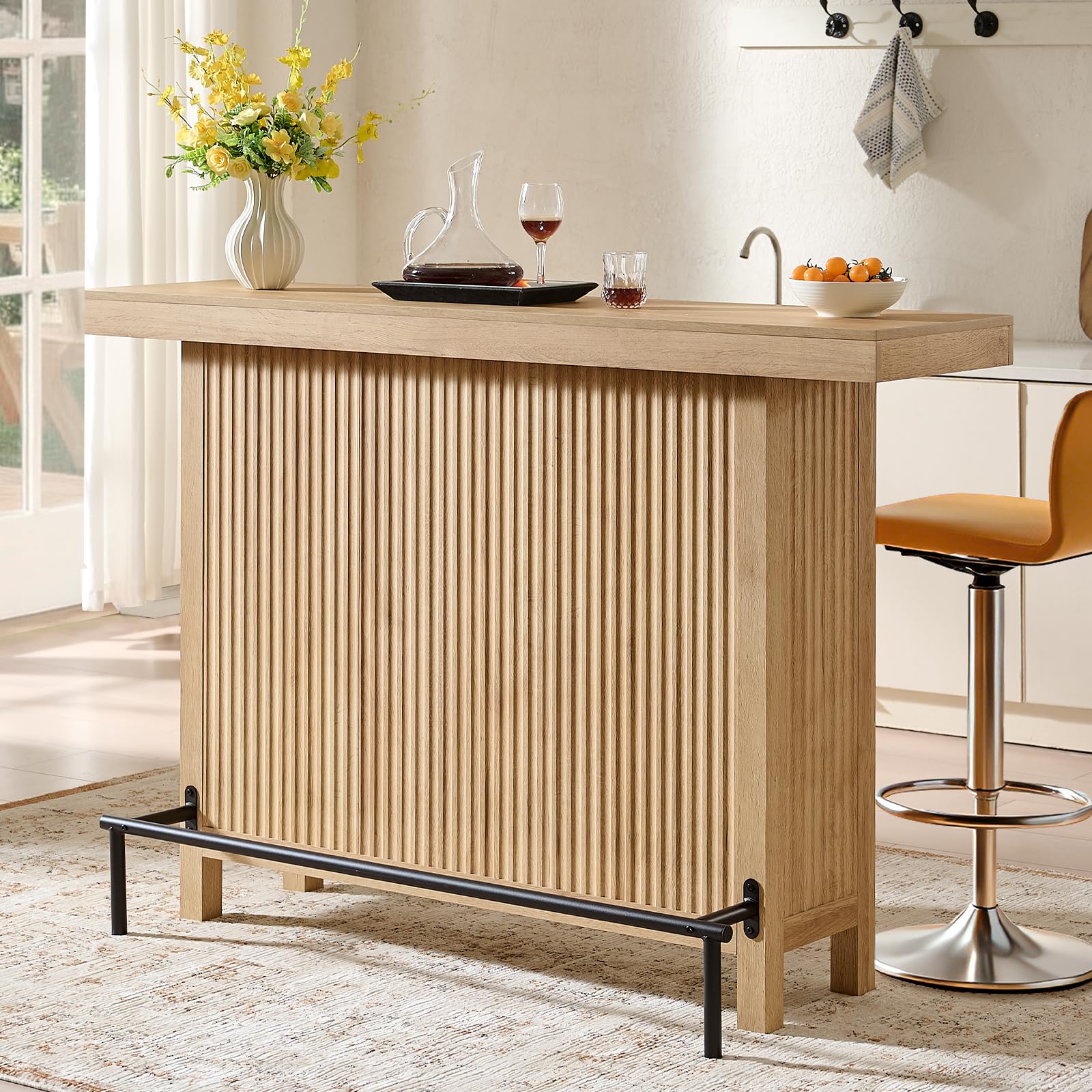 Okvnbjk 63-Inch 2-Tier Bar Table with Footrest, Coffee Bar Cabinet, Large Counter Height Pub Table Storage Shelf Home Bar Unit for Kitchen, Bistro, Dining Room, Living Room (Oak)