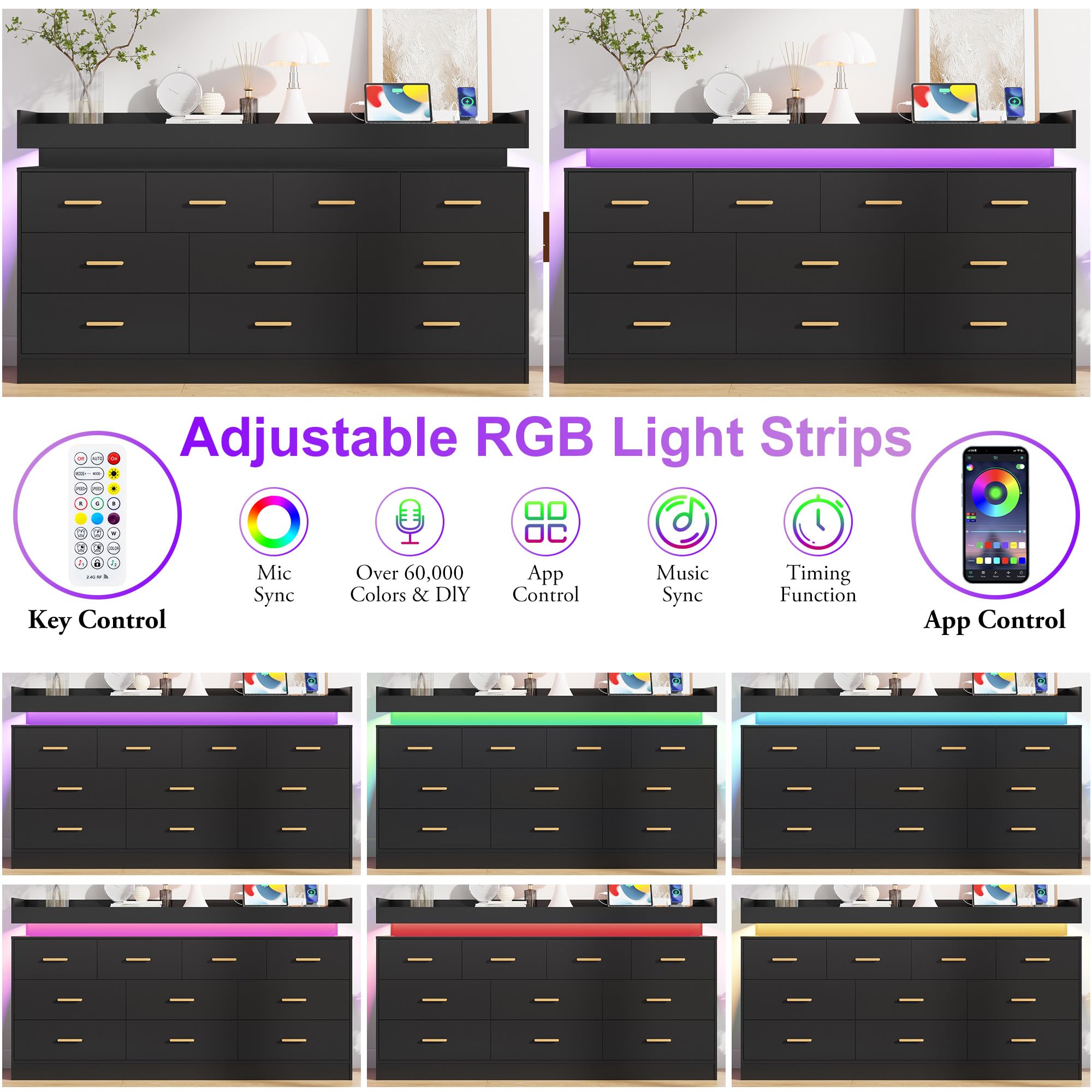 10-Drawer Dresser with Power Outlet & LED Light