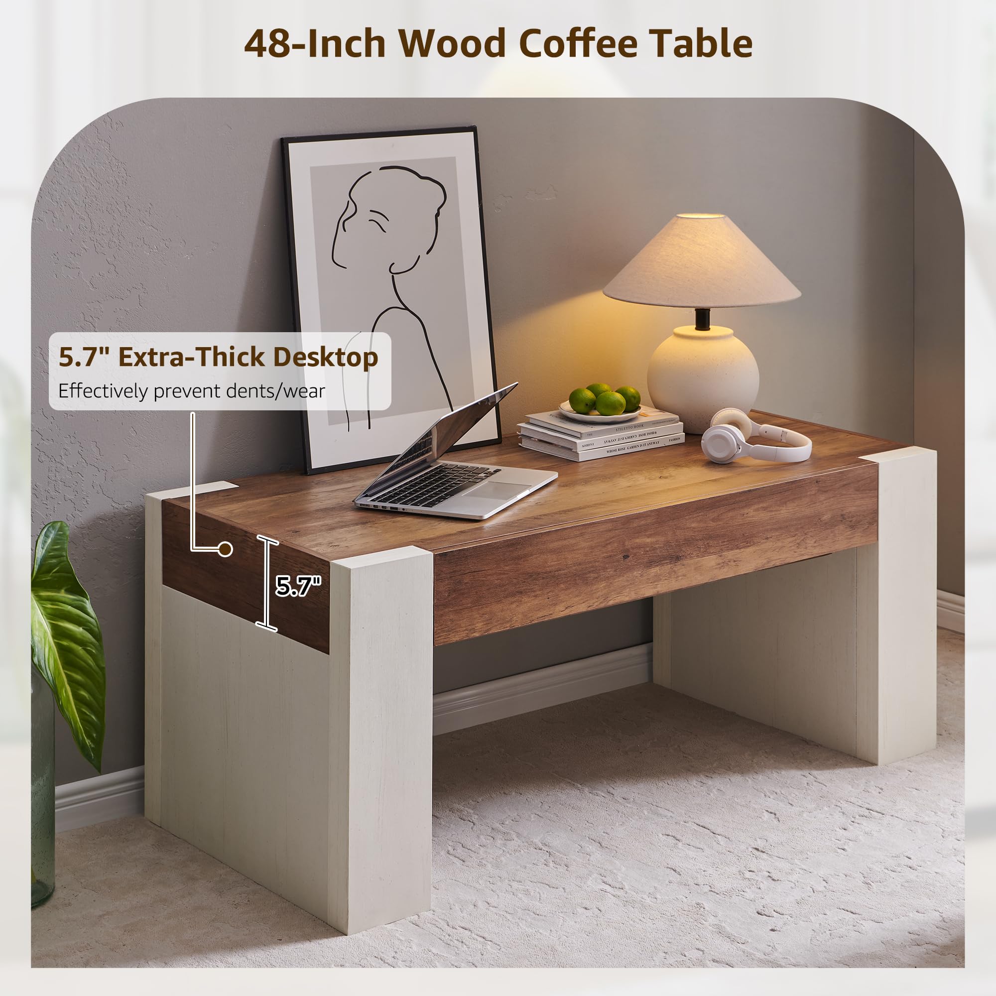48" Farmhouse Coffee Table with Hidden Storage Drawer