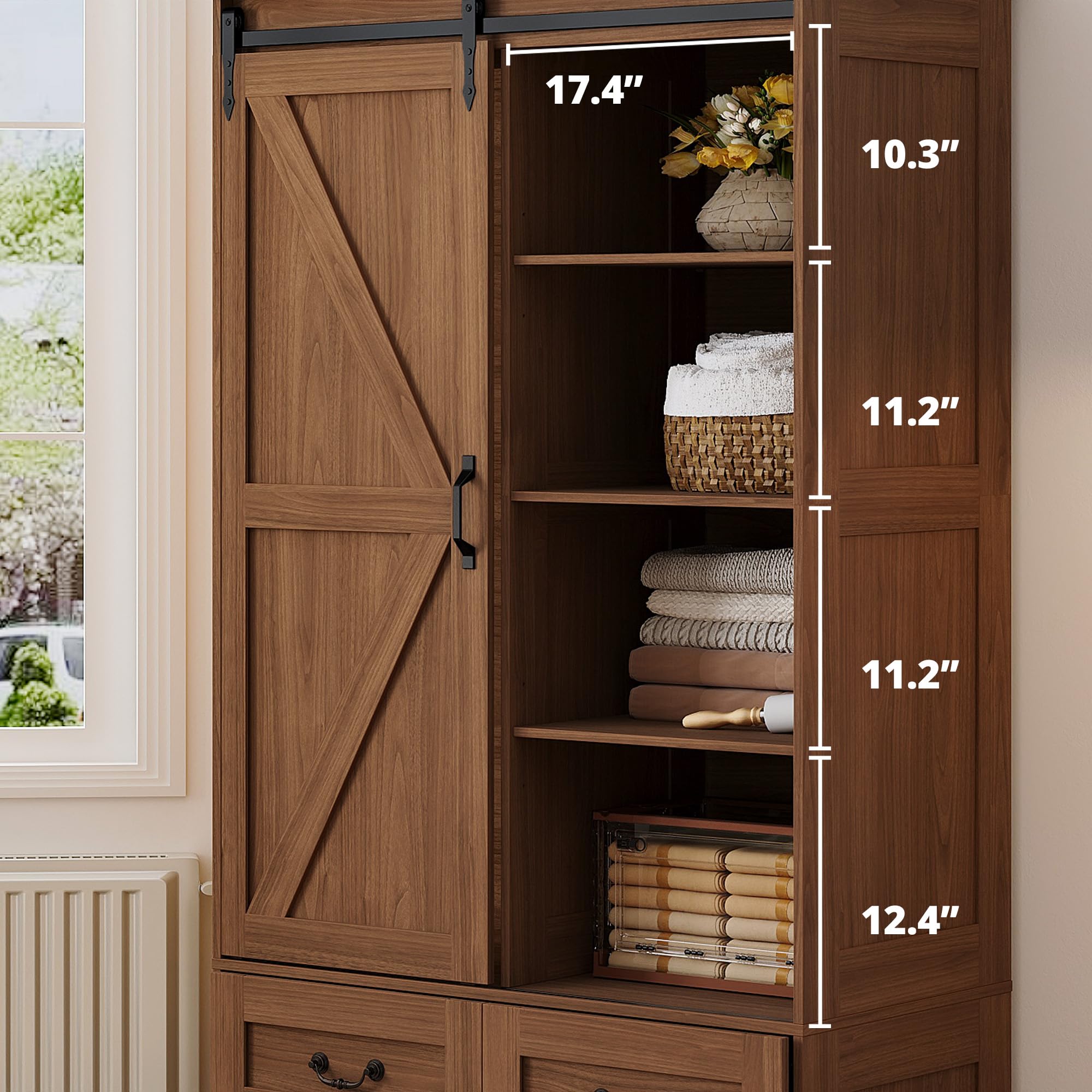 IRONCK Armoire Wardrobe Closet with 4 Drawers,71" Wardrobe Cabinet with Sliding Barn Doors, Tall Clothing Storage Cabinet with Hanging Rod and Shelves for Bedroom,Walnut