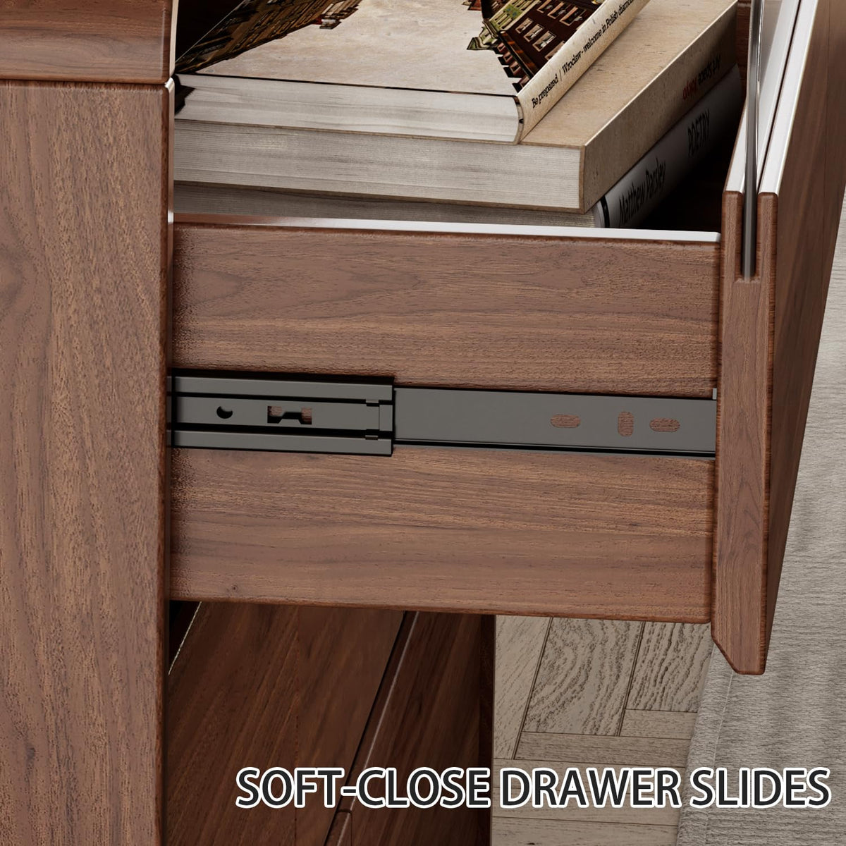Ieejdn 47.2" Dresser with 6 Drawer, Wide Dresser with Recessed Glass Display & Silent Metal Rails, Handleless Chest of Drawers for Clothes, and Bedding, Walnut