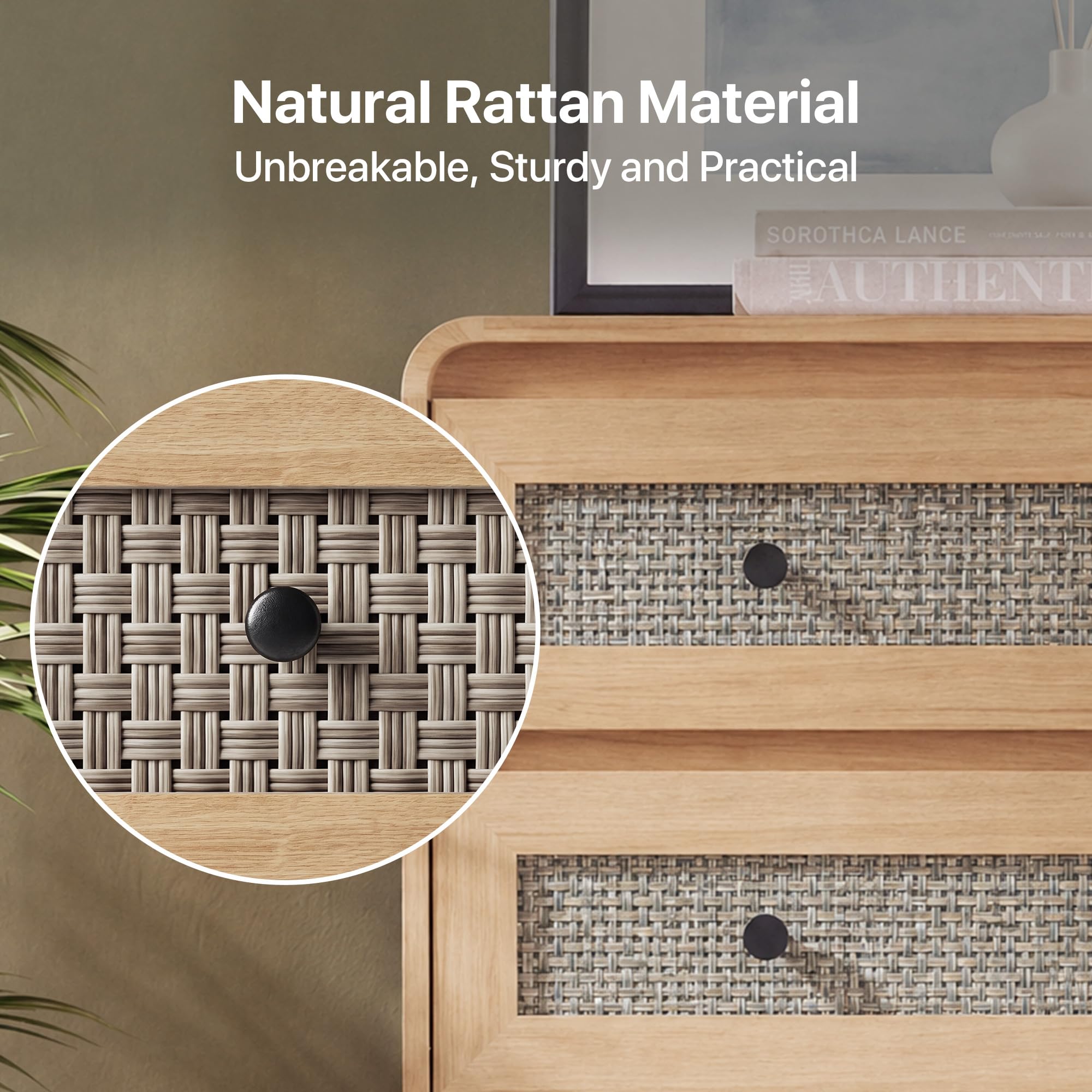 Seang Rattan 9 Drawer Dresser for Bedroom,55" Boho Chest of Drawers with Curved Profile Design,Wooden Dresser with Storage for Bedroom,Living Room,Natural
