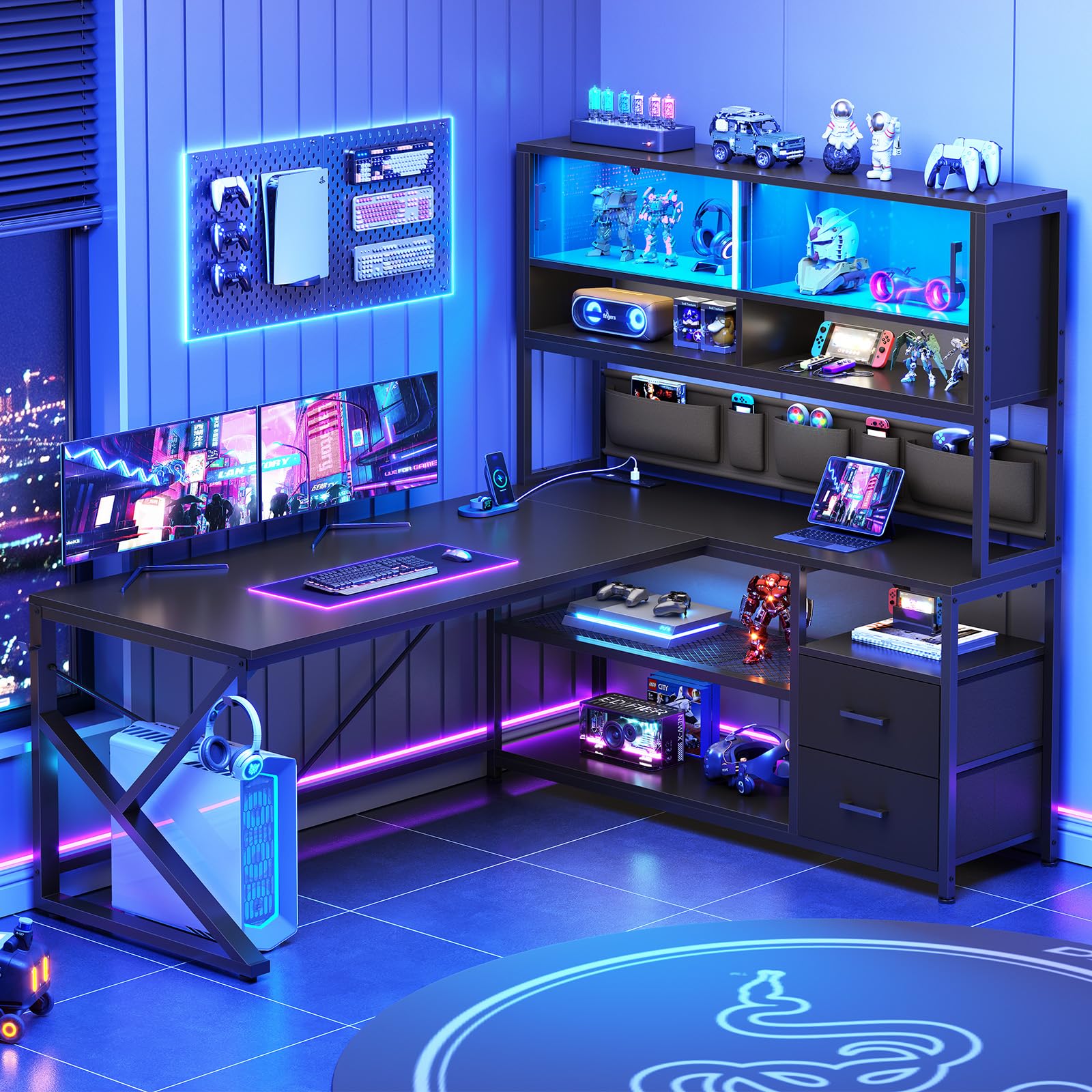 L-Shaped Gaming Desk with Bookshelf & LED Light