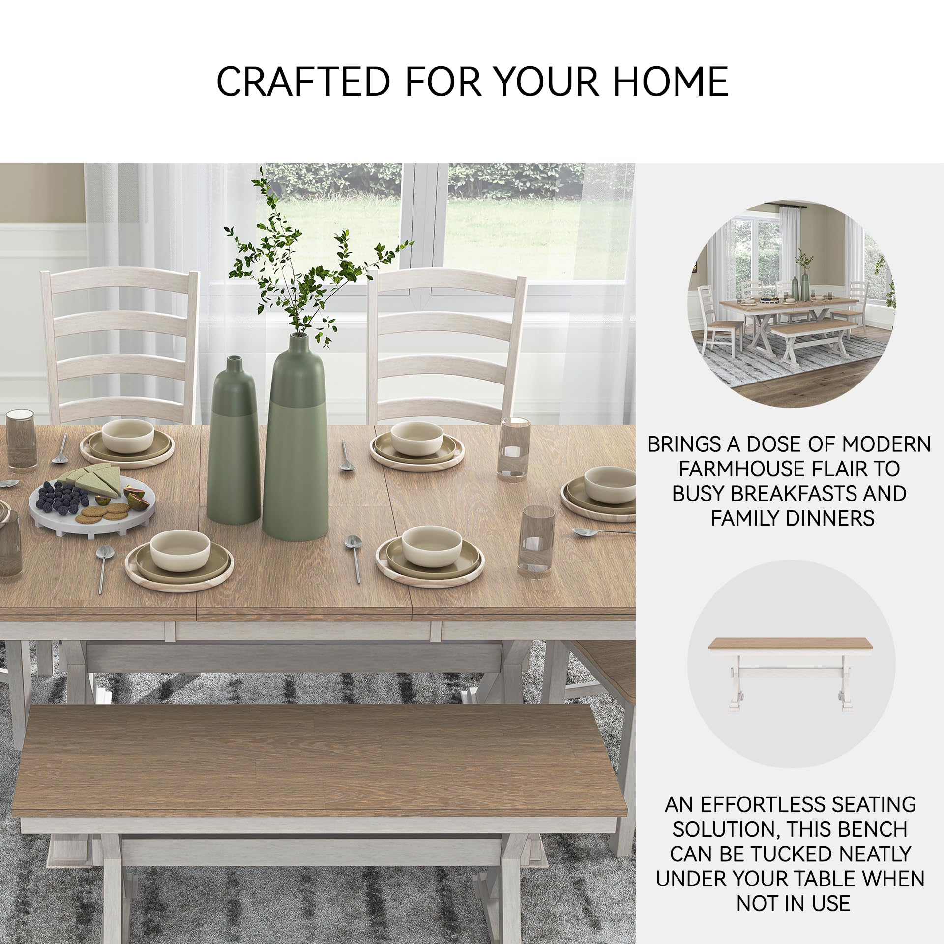 Farmhouse Dining Bench, Antique White