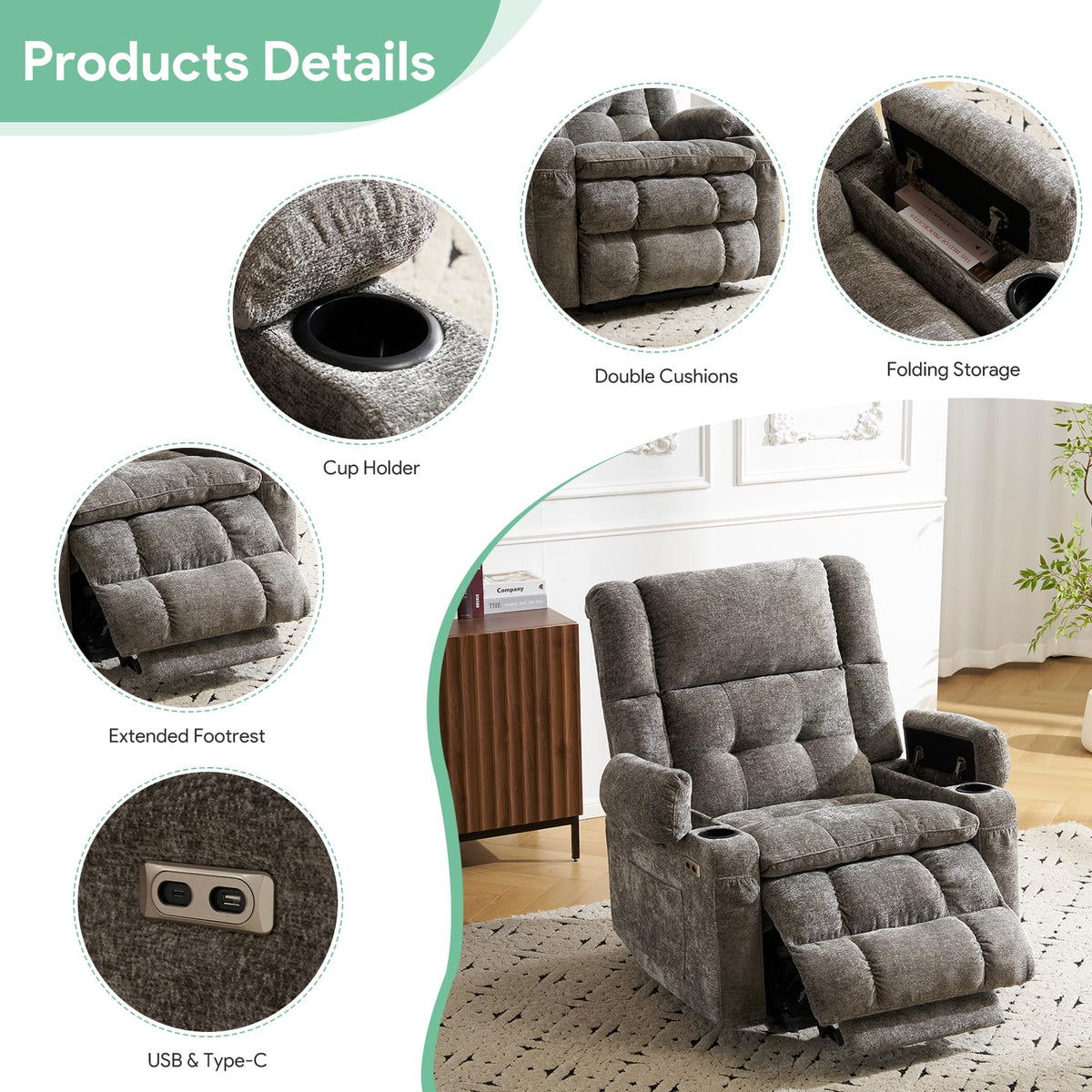 RUTOX Oversized Lift Chair for Elderly with Massage and Heat, Dual Motor Power Lift Recliner Chair with Arm Storage, Lay Flat Lift Recliner for Lving Room, Big Tall, Infinite Position, Grey