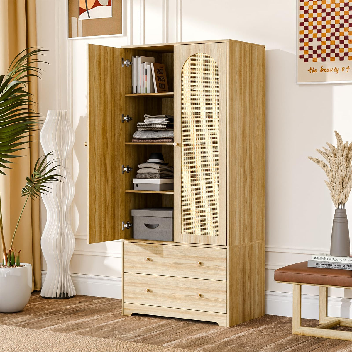 Rattan Wardrobe Armoire with Drawers