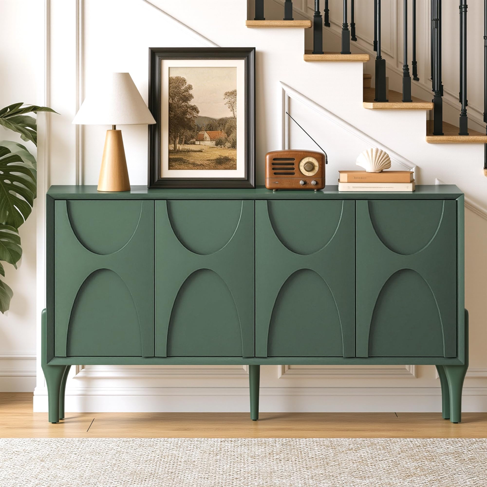 SZTHHDF 59" Sideboard Buffet Cabinet with Storage, Mid-Century Modern Storage Cabinet Accent Buffet Sideboard with Adjustable Shelves & Solid Wood Legs Large Credenza for Living Room (Green)