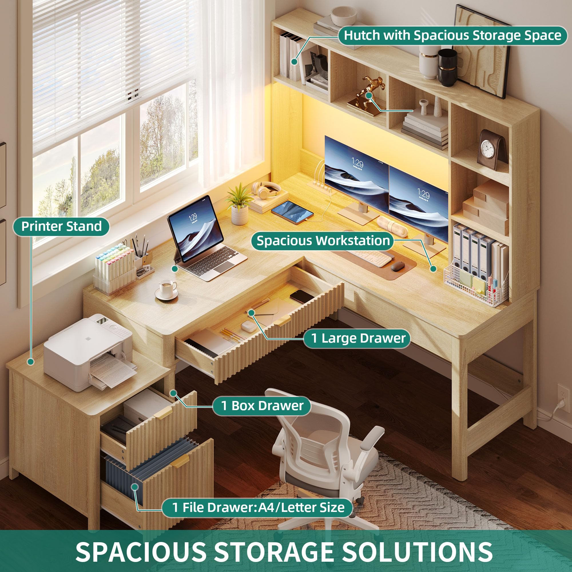 L-Shaped Desk with Hutch, Drawers & Power Outlets