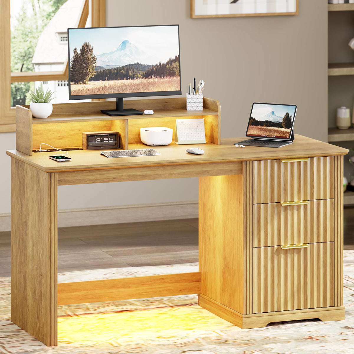 Lareth 47 inch Computer Desk with Monitor Stand, RGB LED Lights